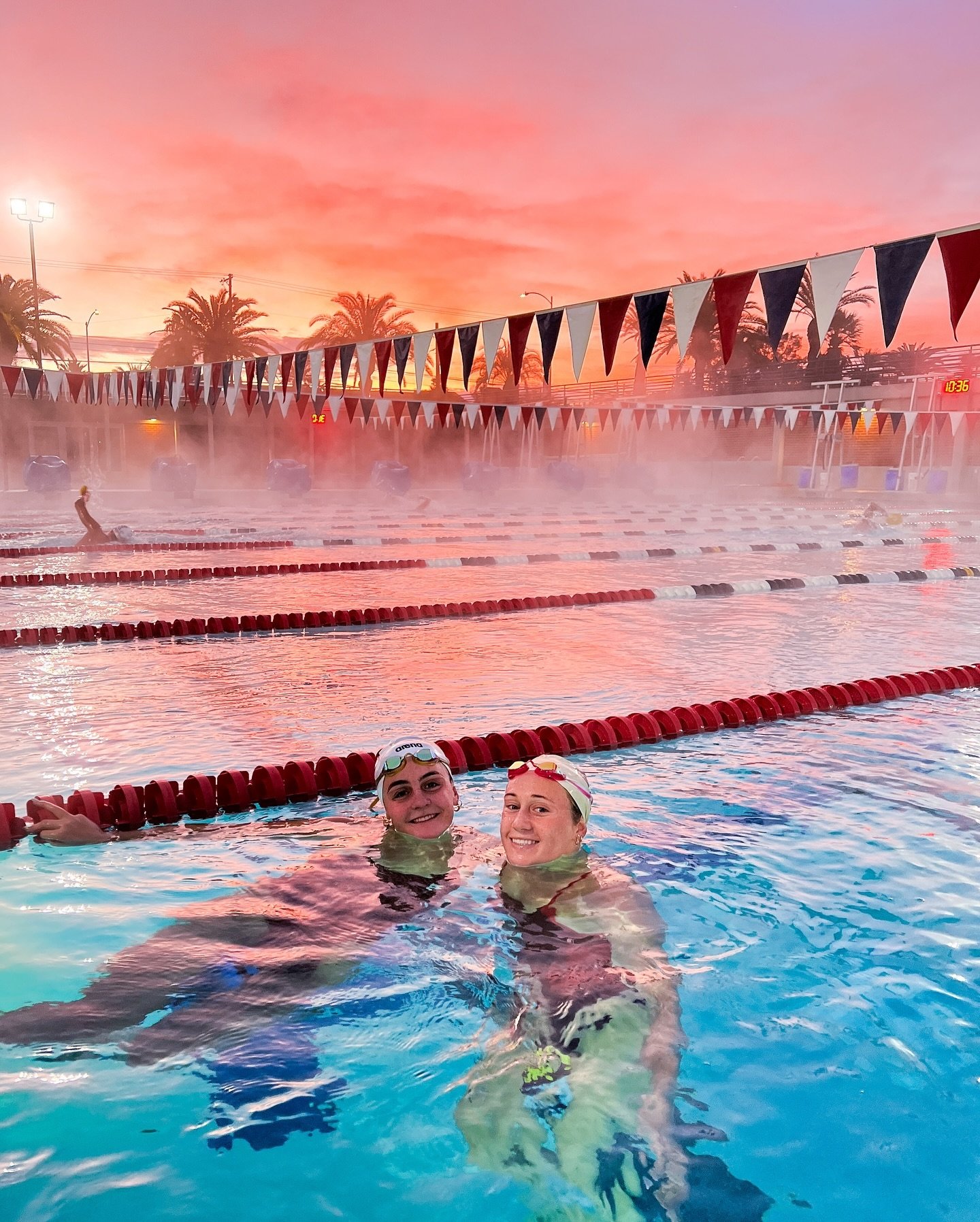 Absolutely LOVE morning practice in the desert with my team!!! ❤️🤍💙 #swimming #riseandgrind #beardown