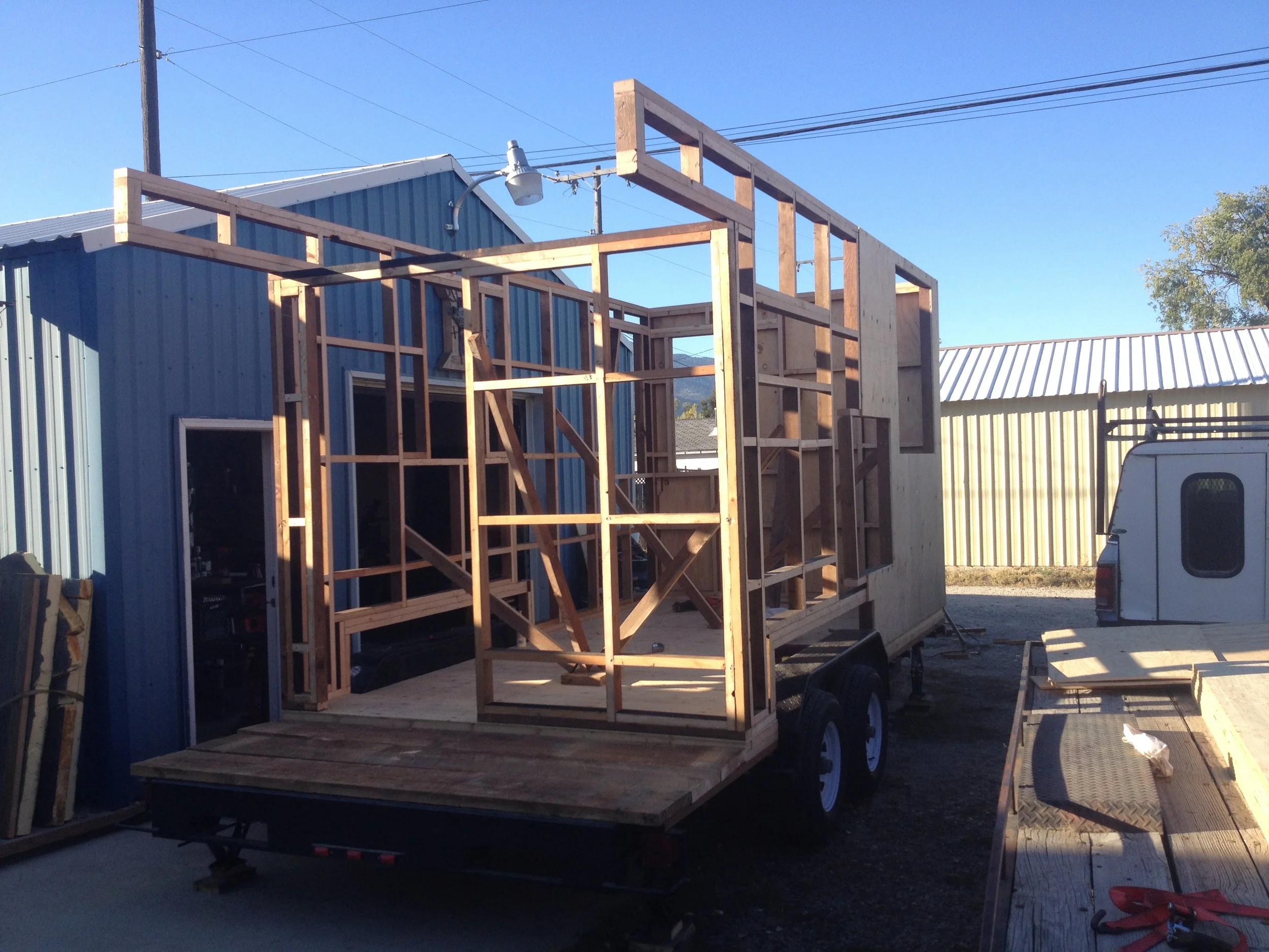 The framing process begins. After careful planning the walls are built all at once in sections and then erected to give shape to the space.