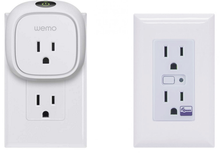 On the left is a conventional outlet with smart outlet plugged in. Pictured right is a smart in-wall receptacle.