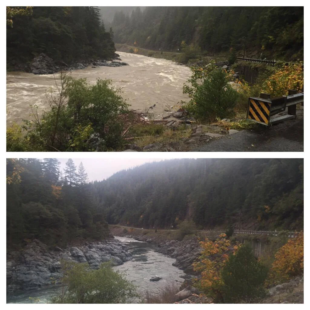 The pictures above depict the rapid rise and fall of the river levels on the Smith River in Northern California. The top picture is the Middle Fork Smith River on October 17, 2016 at roughly 18ft on the Jed Smith Gauge near Hiouchi, Ca. &nbsp;Four d…
