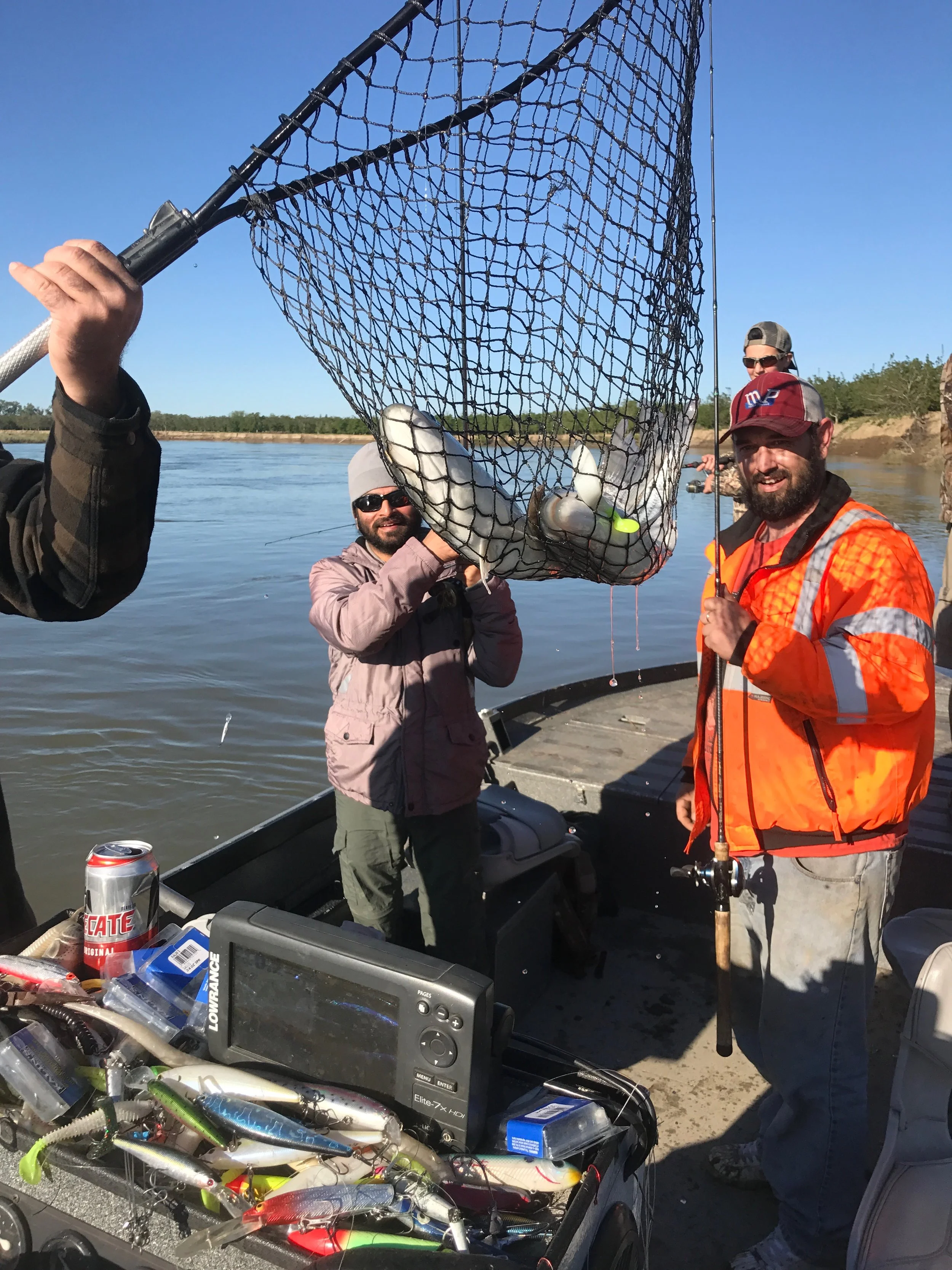 Jeff Guinn and Satinar Chatwell landing a double hook-up on the Sacramento River above Colusa, Ca on April 29, 2017. Bryan Wingrove and son Shawheen Wingrove are pictured in the back ground. 