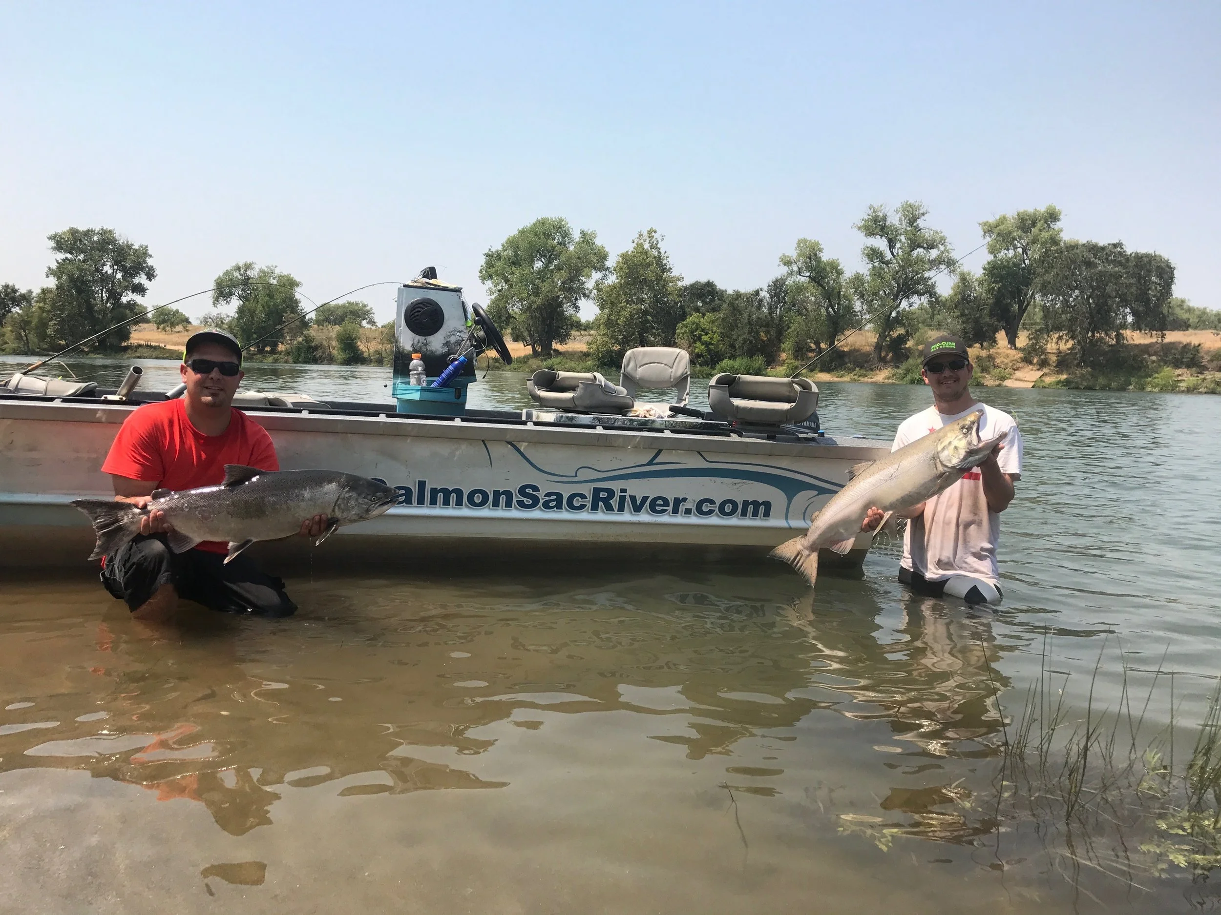 Travis Bort and Evan Burns hold up a pair of Feather River salmon they caught back trolling plugs wrapped with sardine on August 1, 2017 near Oroville, Ca.