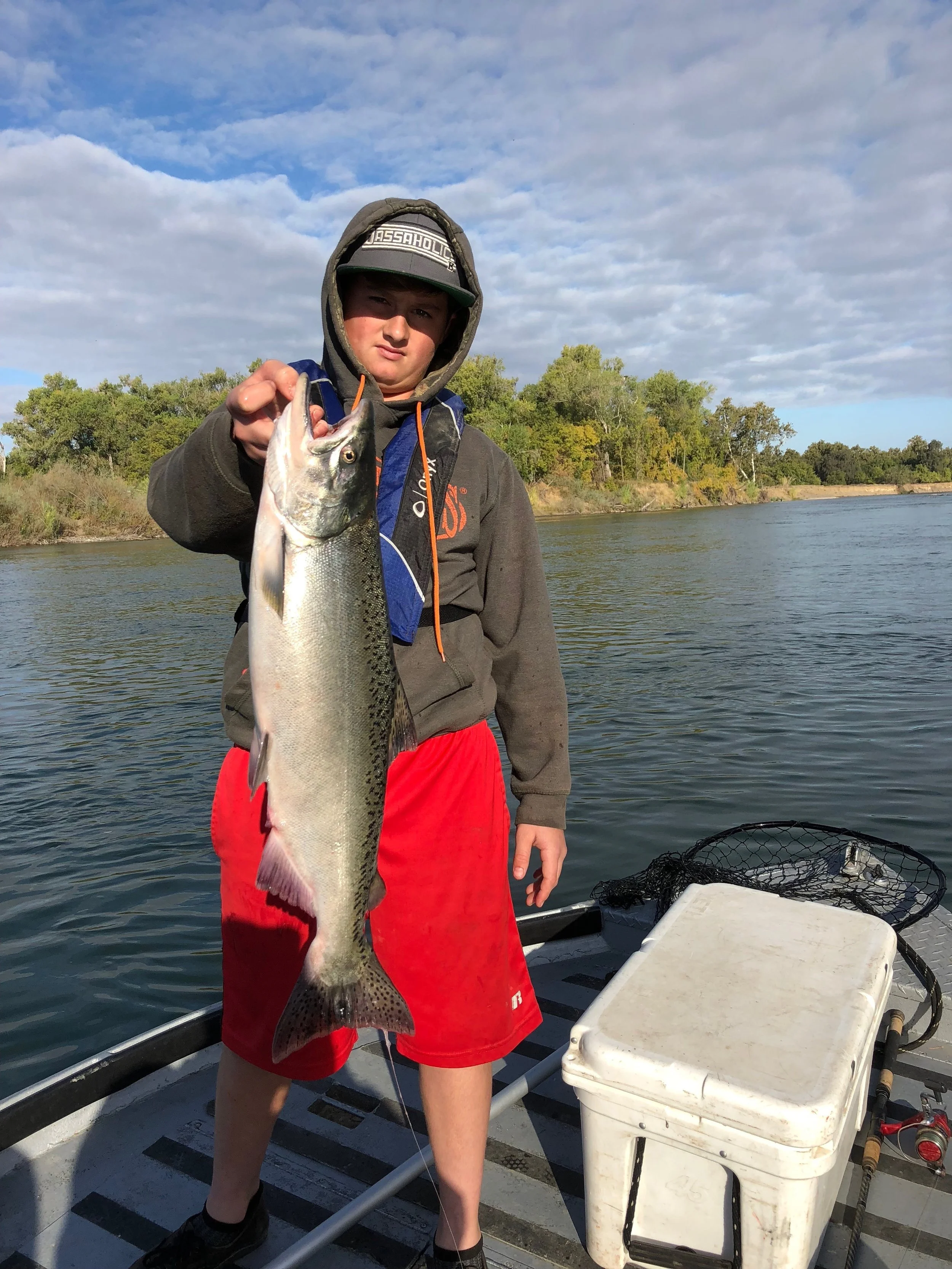 Corning, Ca local, “Rooster” puts the smack down on this bright little “Jill” (two year old female chinook salmon) while dragging Pautske Fire Cure www.pautske.com salmon roe south of Woodson Bridge in Corning, Ca. This young man was forced to relea…