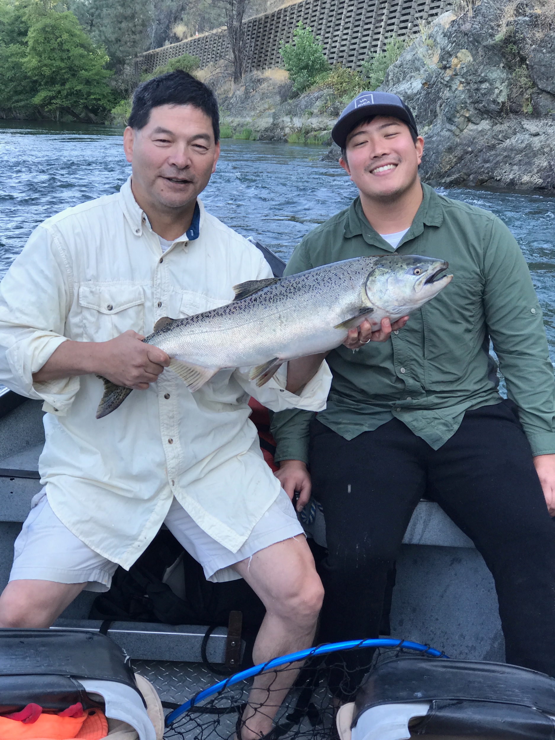Happy clients who fished with salmon fishing guide Dave Jacobs on the Trinity River in 2019. Drifting the Trinity River with a fishing guide is a experience you are likely to never forget.