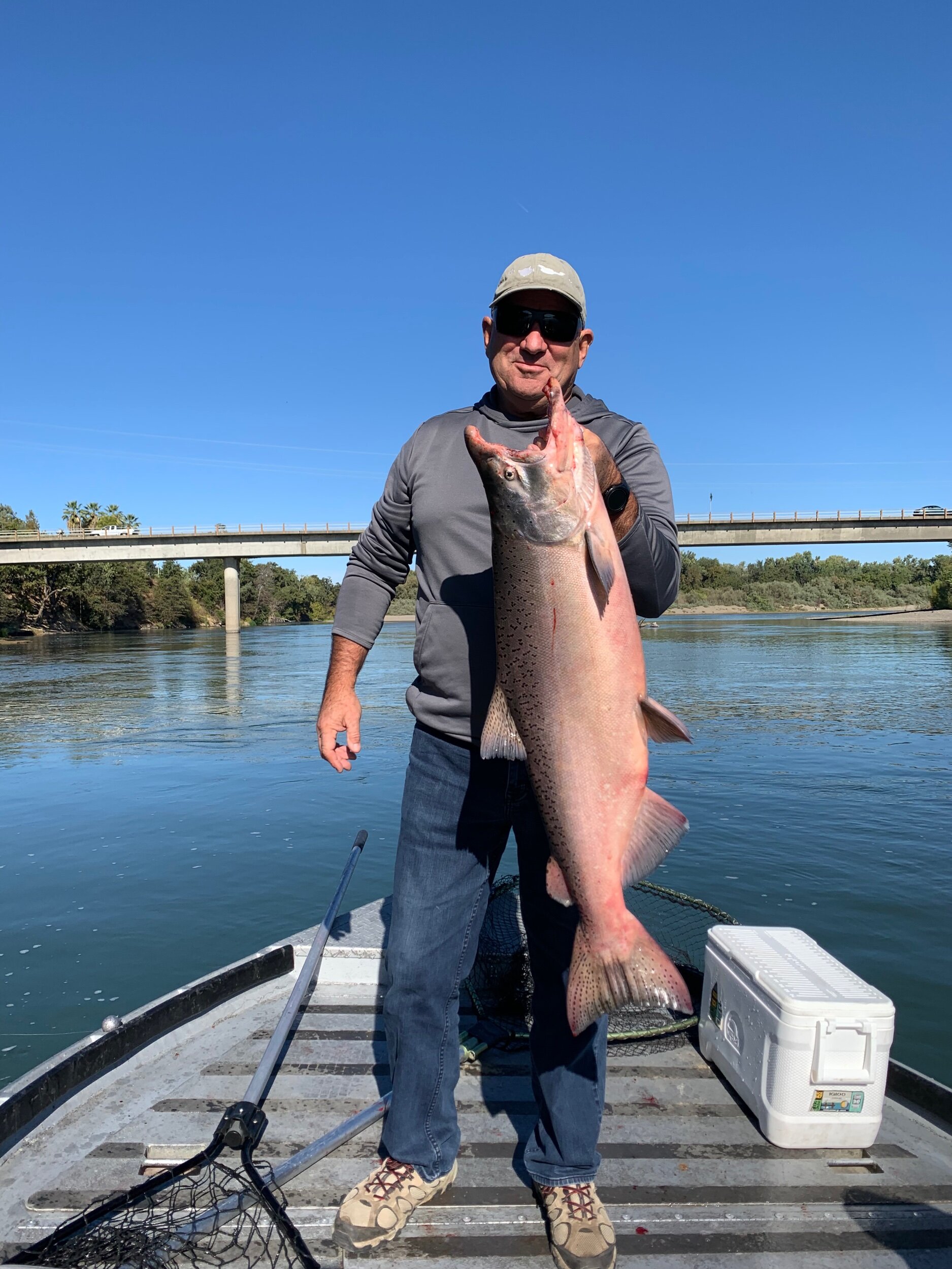 Craig McKella from Santa Barbara, Ca holds up one of his two king salmon he caught while fishing the Sacramento River with Ryan Tripp on October 2, 2019.