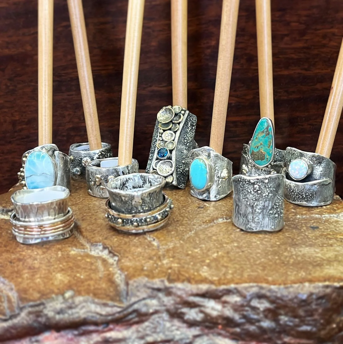 New artisan made rings. Each ring is one of a kind, hand made and truly unique. More designs available to try on in shop.

#rings #earrings #jewelry #artisanjewelry #ooak #unique #style #statement #handmade #handmadejewelry #sterlingsilver #gold #bro