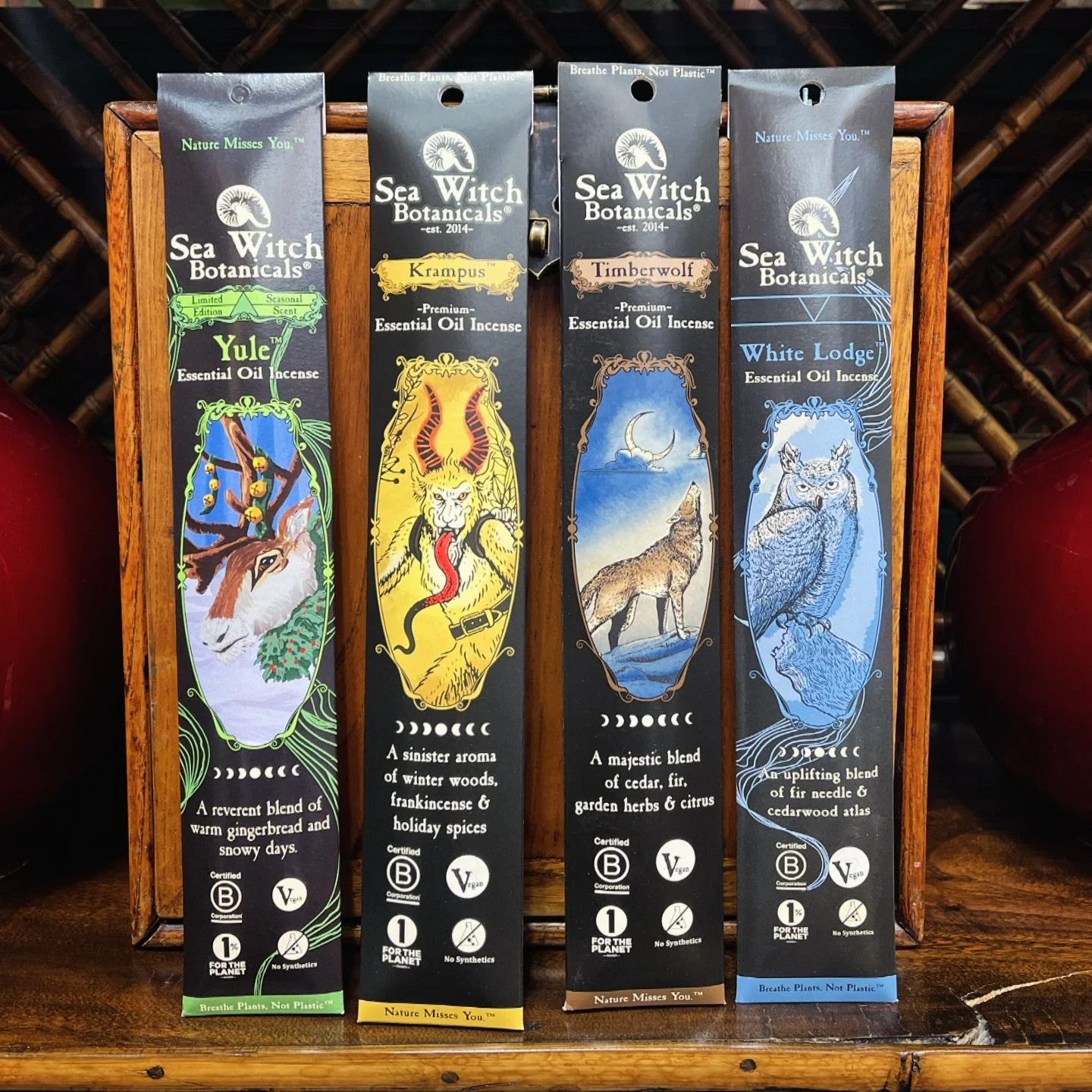 Get festive with our new winter holiday incense. Made in small batches with pure essential oils. These incense smell amazing, are free of synthetic ingredients and vegan. The packaging is so beautiful we recommend reusing it as a bookmark when emtpy.