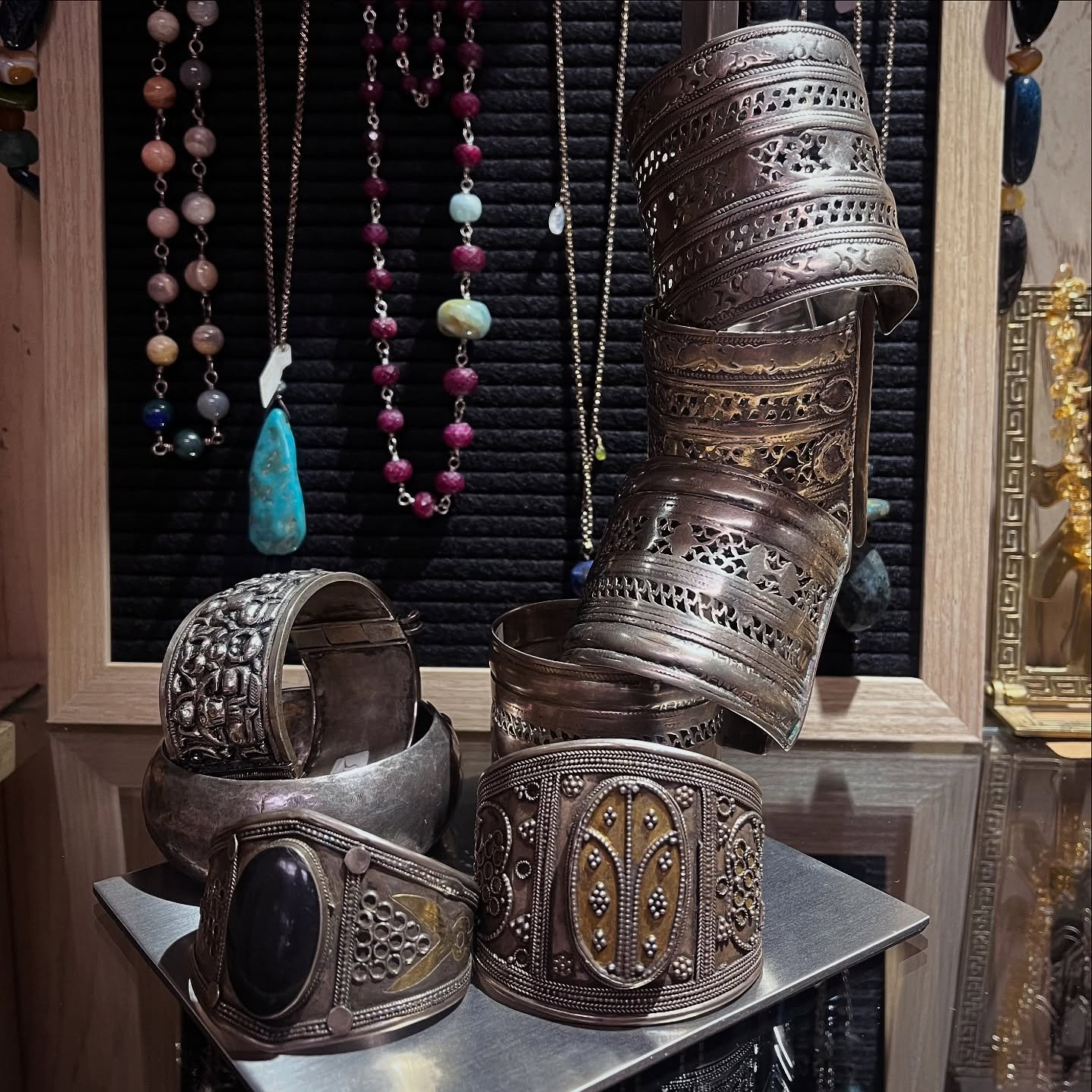 Stacks on stacks of vintage silver cuffs. The intricate designs make each piece one of a kind. Try them on to find the perfect fit.

#jewelry #cuffs #bracelet #silver #sterlingsilver