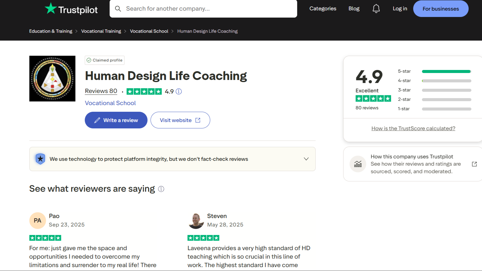 "Human Design Life Coaching Trustpilot reviews and student testimonials