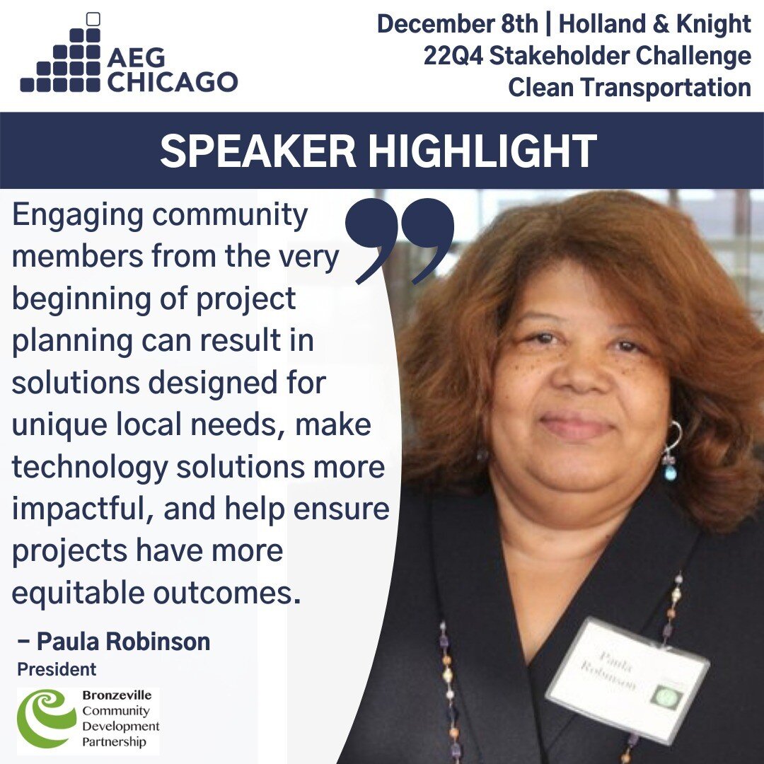 🎉✨💡Today's #AEGChicago Speaker Highlight is on Paula Robinson, President, Bronzeville Community Development Partnership. Register for the December 8th AEG Chicago 22Q4 Stakeholder Challenge on Clean Transportation via Linktr.ee in bio.
✨
Speakers w