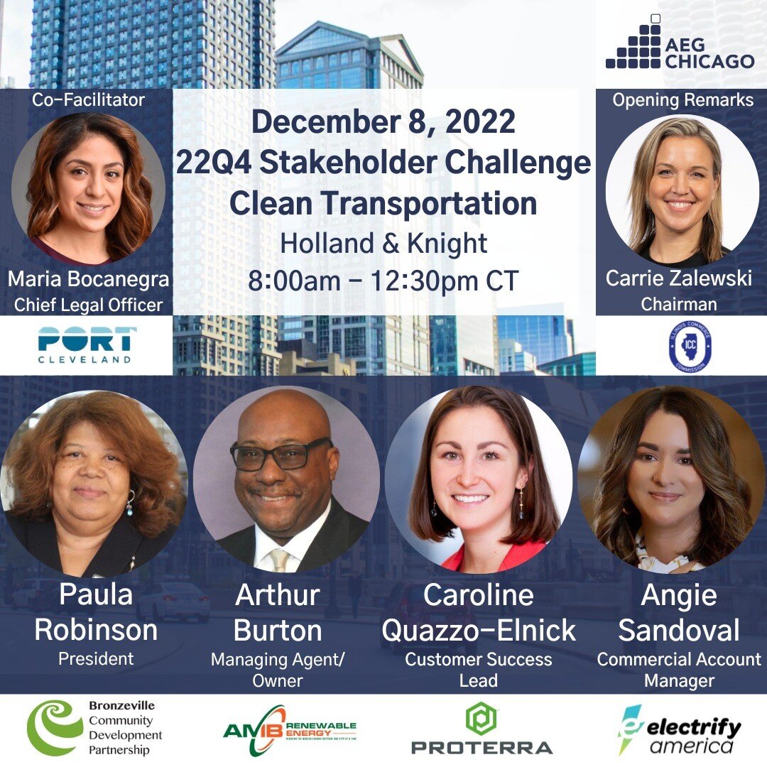 🎉✨💡#AEGChicago: We are pleased to add Angie Sandoval, Electrify America to the December 8th 22Q4 Stakeholder Challenge on Clean Transportation at Holland &amp; Knight! Limited seats remain. Register via Linktr.ee in bio.

No-cost tickets are availa