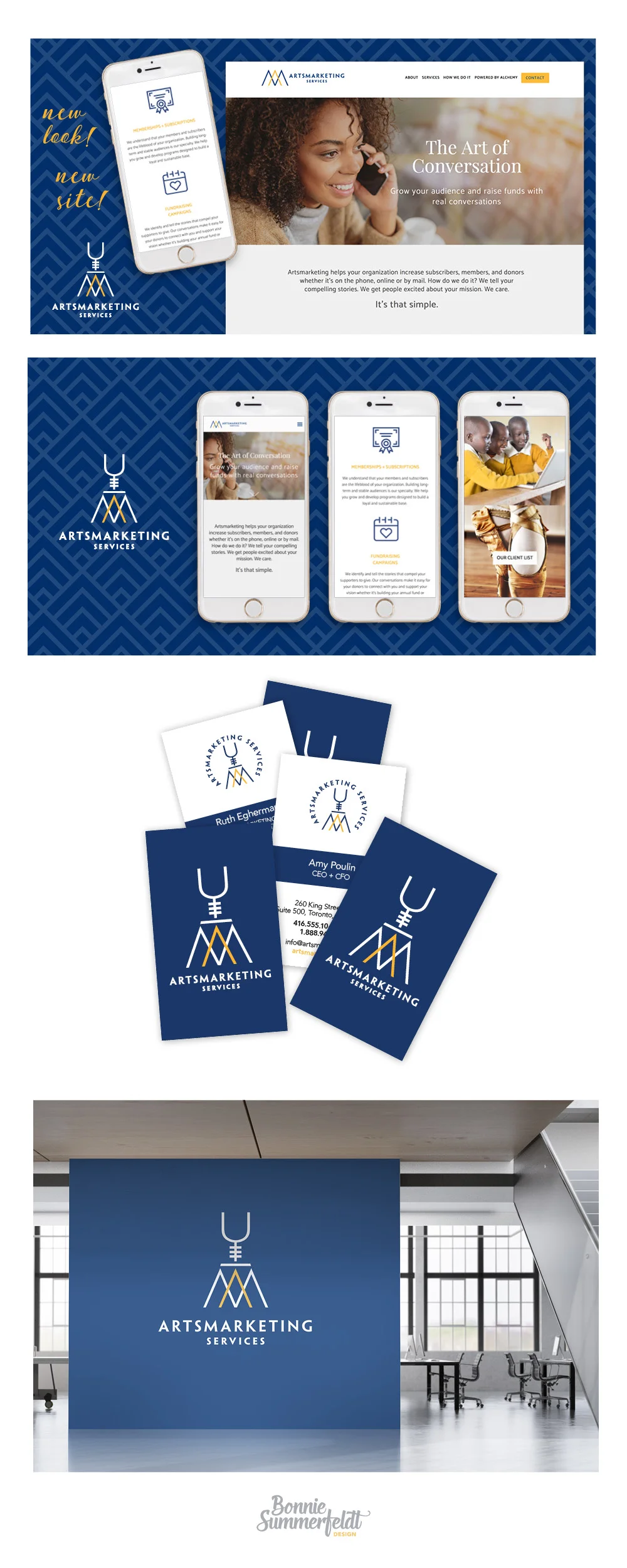 Marketing design and brand collateral design for Artsmarketing - a telemarketing company focused on helping nonprofits with fundraising using the art of conversation. Brand and logo redesign by Bonnie Summerfeldt. Serving Aurora, Newmarket and GTA Canada. Branding and logo refresh by Bonnie Summerfeldt Design – brand and website design for professional services such as consultants, therapists and advisors where credibility counts. https://bonniesummerfeldt.com