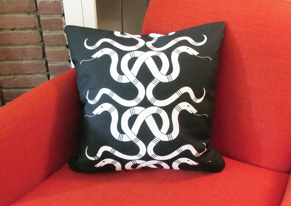 SnakeWare White on Black Pillow on Red Chair 2.72.jpg