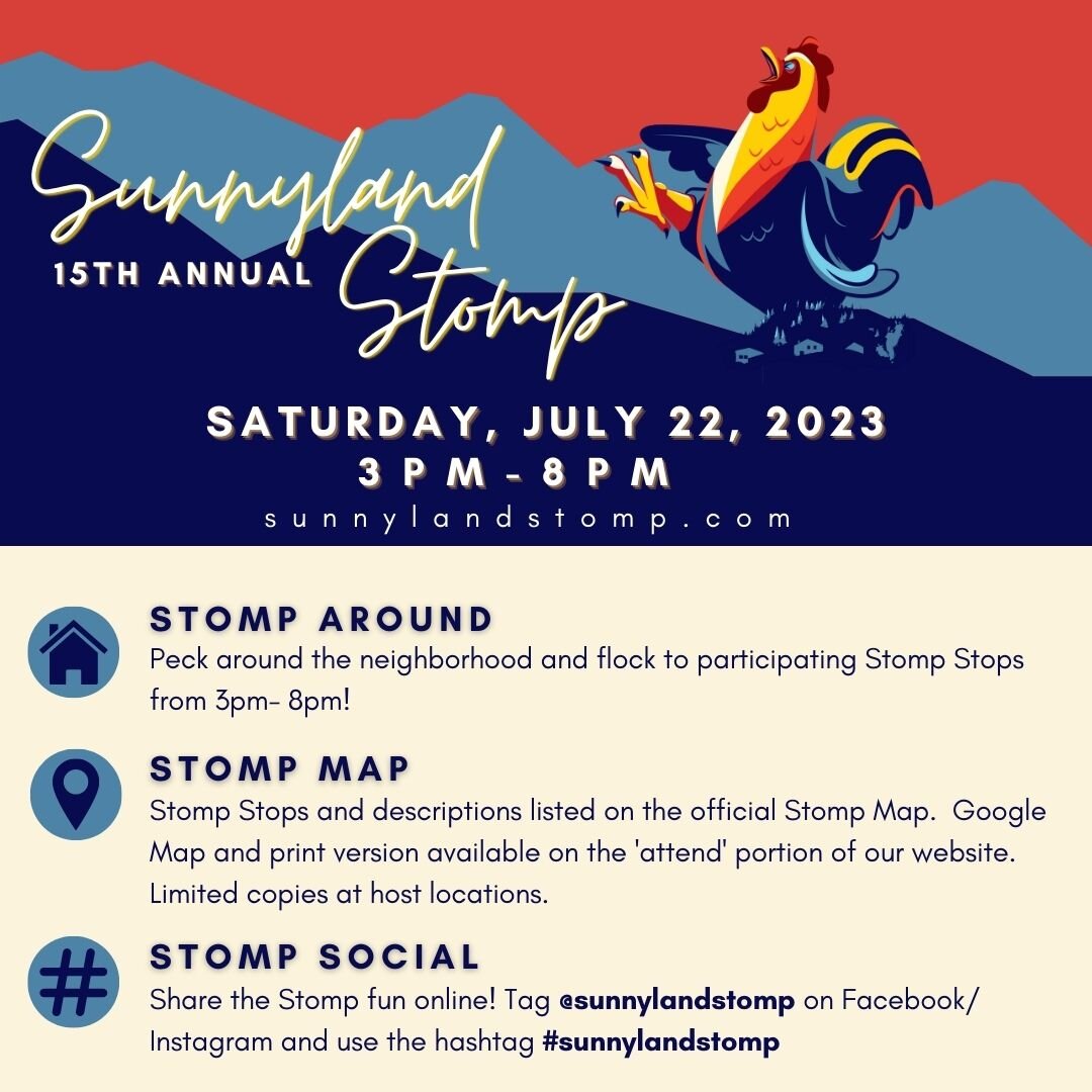 🐓 Flock to the 15th Annual Sunnyland Stomp on Saturday, July 22nd from 3pm-8pm! 🎉 Celebrate the talent and creativity hiding behind the garden gates of the Sunnyland Neighborhood and 'stomp' to the ✨47✨ participating host locations to see what they