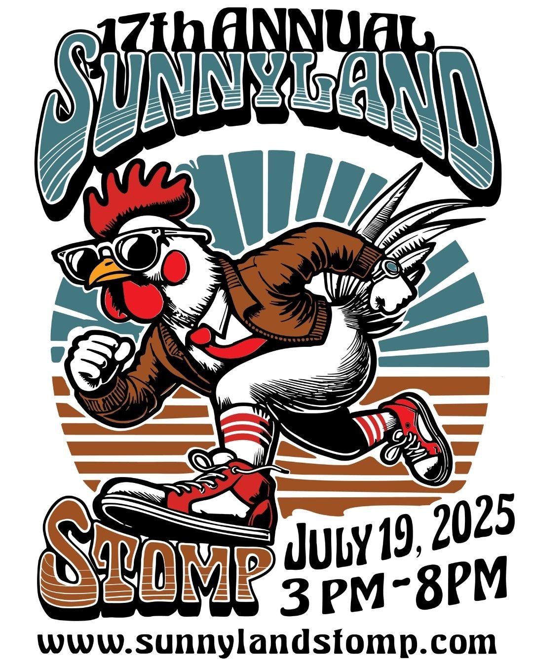 🐓🕶️ The 2025 Stomp poster artwork highlights a bold and fun block-printed graphic created by Karl Nels Rubicam (a.k.a. 'Ruby'), artist, craftsman, and self-proclaimed rabble rouser! Learn more about the Stomp&rsquo;s featured artist by reading some