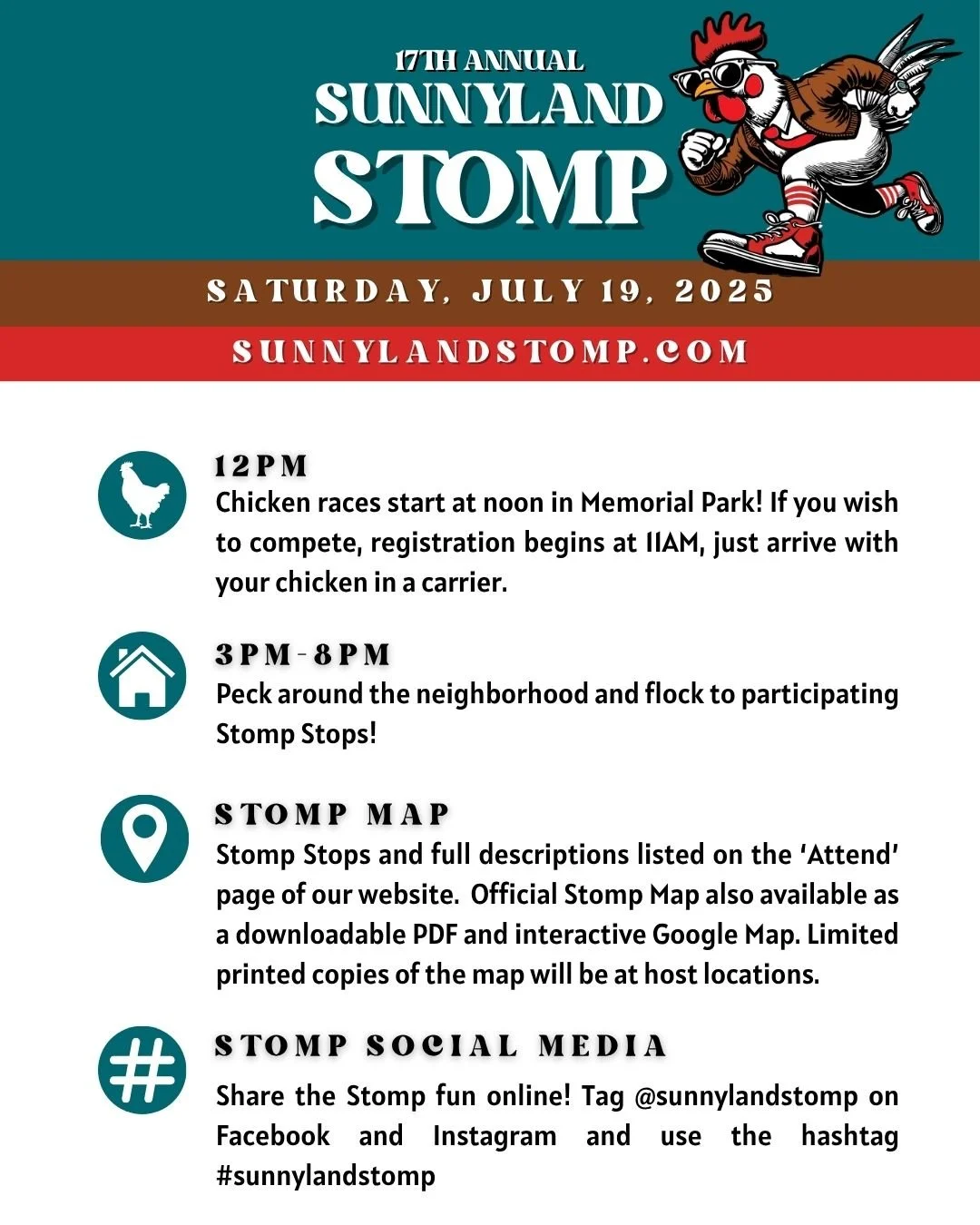 Happy Stomp Eve, to all who celebrate! ☀️🐓🎉 Can't wait to see everyone stompin' around on Saturday for a full day of fun!

🏆 12pm: Chicken Races at Memorial Park
🥪🍻 1pm: Break for lunch, beverages, and planning your route. Be sure to visit our S