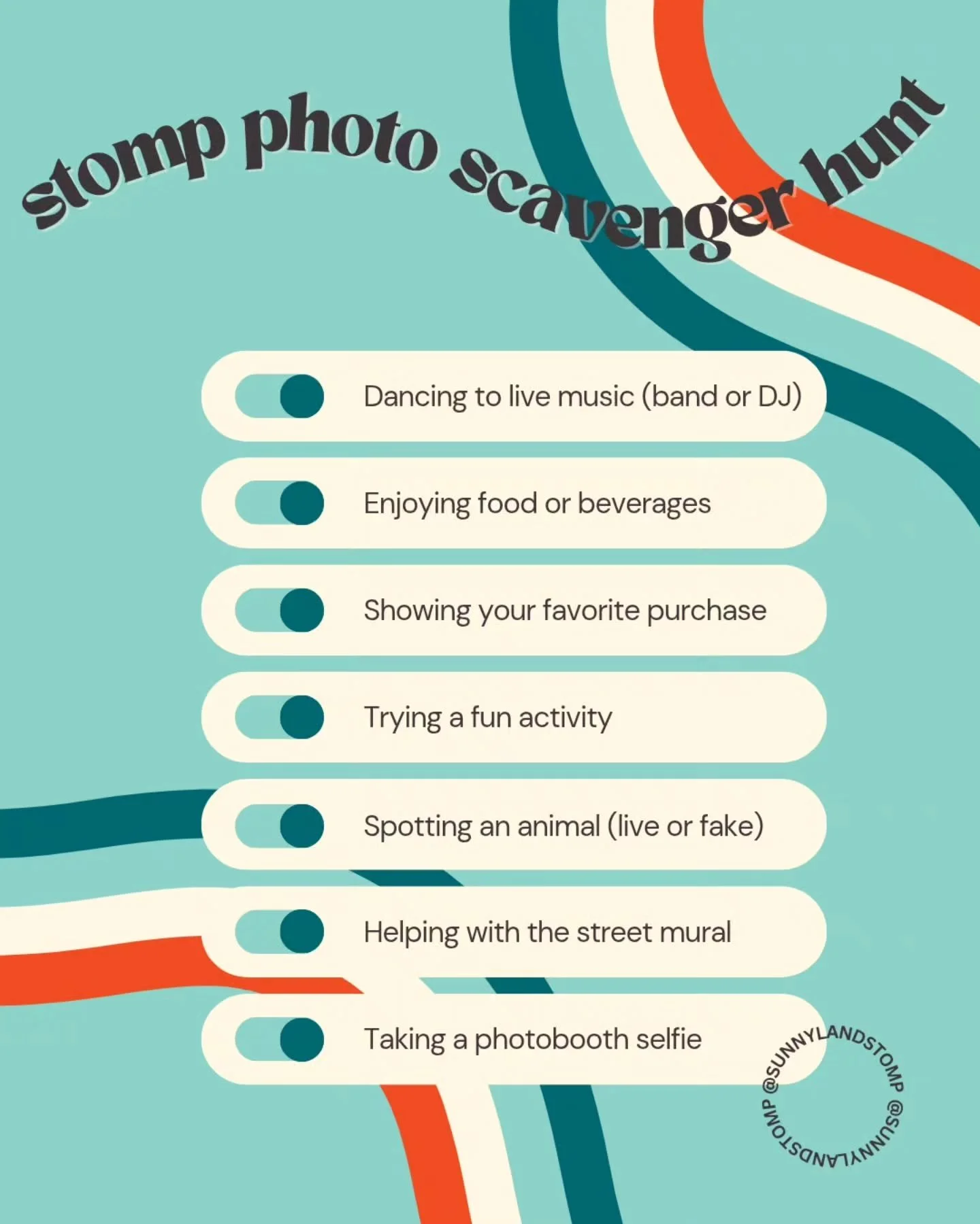 ✨️Stomp Saturday Photo Scavenger Hunt ✨️ Take at least three (3) photos of the prompts listed during your Stomp Stop visits. Submit your photos by creating a FB or IG post (not story) and tag @sunnylandstomp using the hashtag #spiritofthestomp , or e