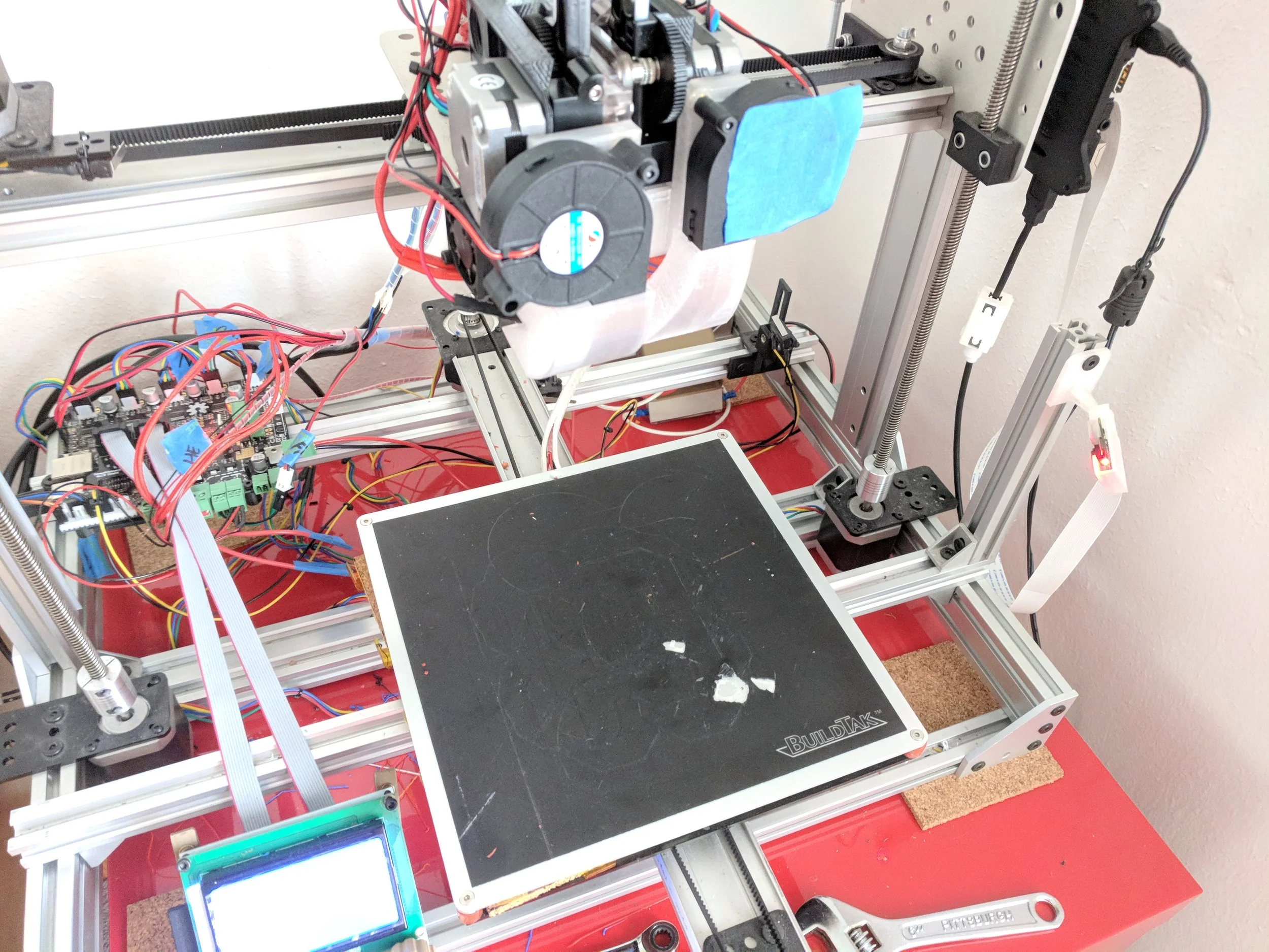 Scrappybot with some gnarly BuildTak. The print surface is in need of some TLC.