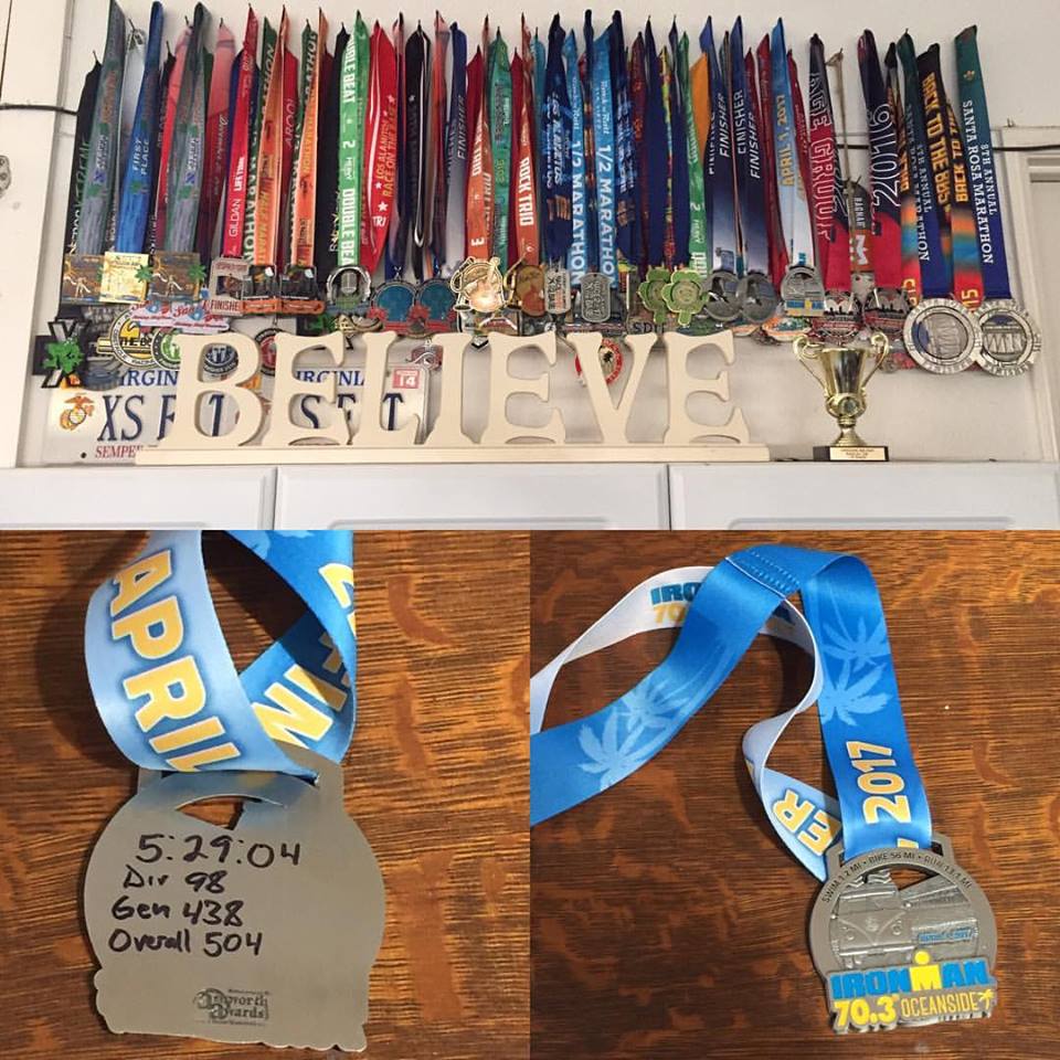 This photo represents race medals that my wife and I have received from our time in Southern California these past 3.5 years. This does not include Obstacle Course Racing Bibs, such as Tough Mudder and World’s Toughest Mudder. But the message is “Believe.” Believe you can, and you will. It’s not their race you race, but your own. Believe it.