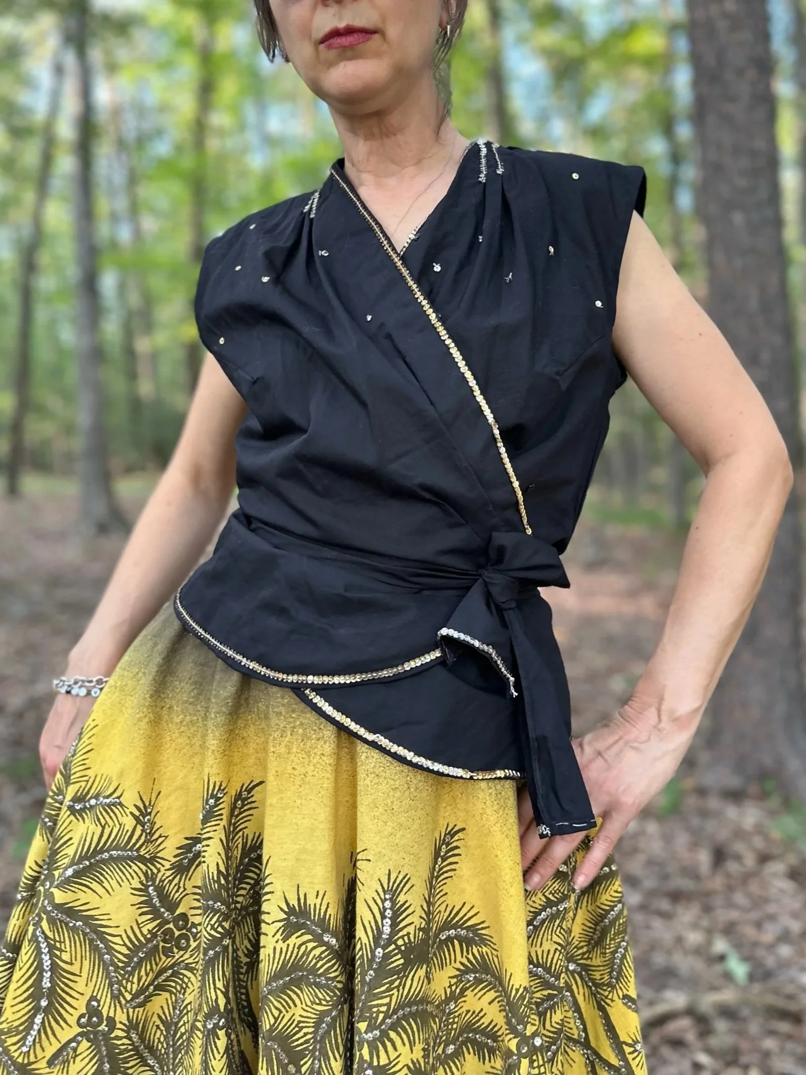 1950s Black Cotton Sequin Wrap Top