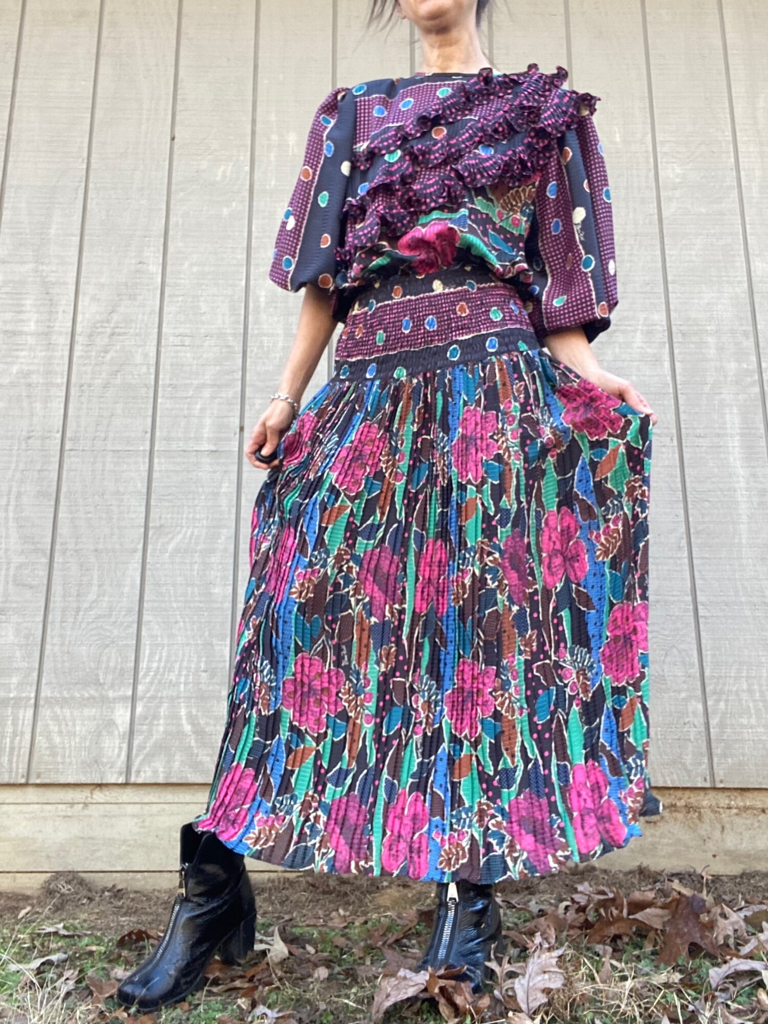 1980s Diane Freis Poly Floral Ruffle Dress, S/M — Noble Vintage