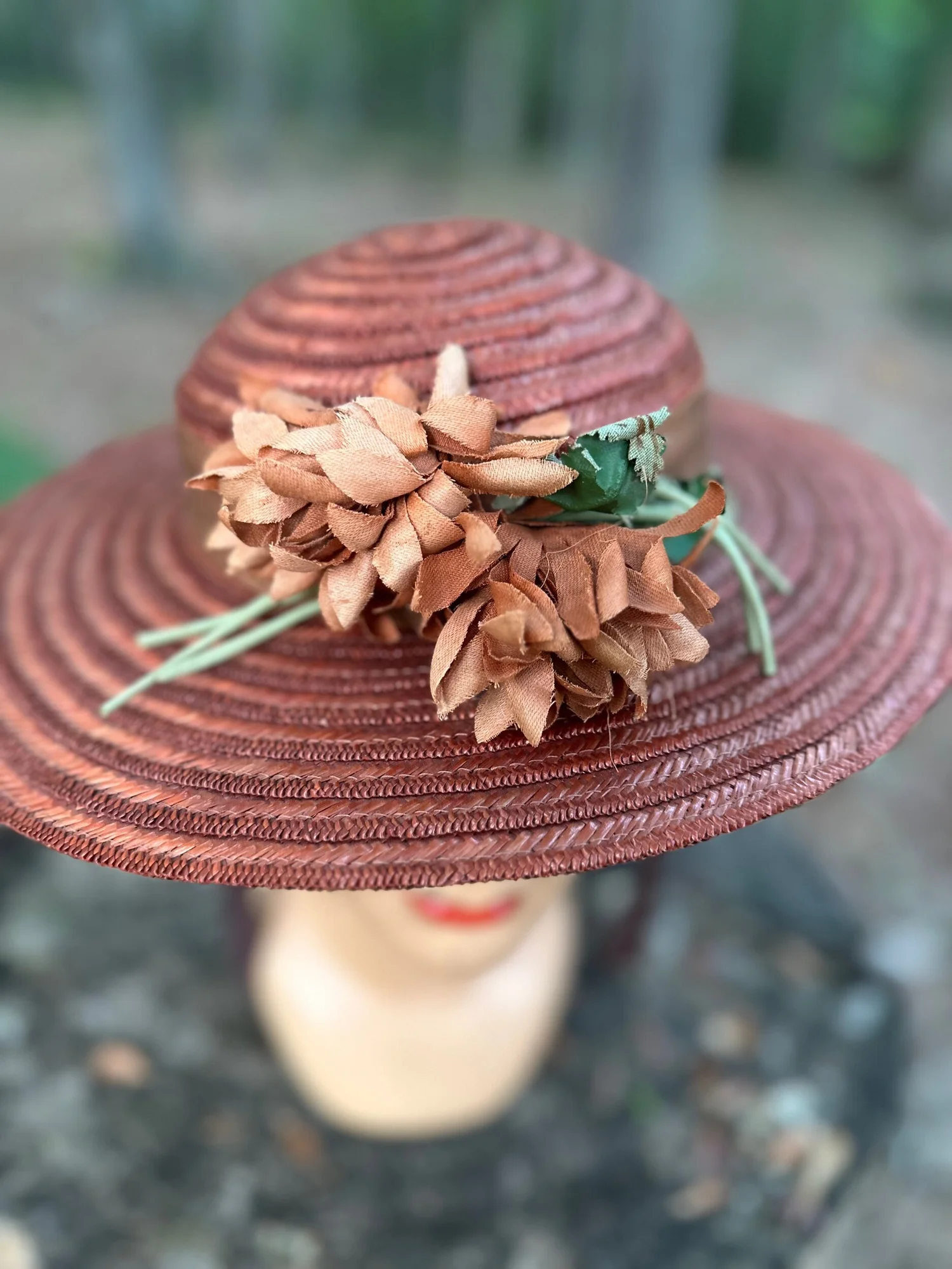 Vintage Mid-Century Lady Byrd Woven Straw Floral Hat Size: 22.5 Inches Roughly 40s/50s Navy or Black Wide Brim Straw Picture Hat With Silk  main image 2