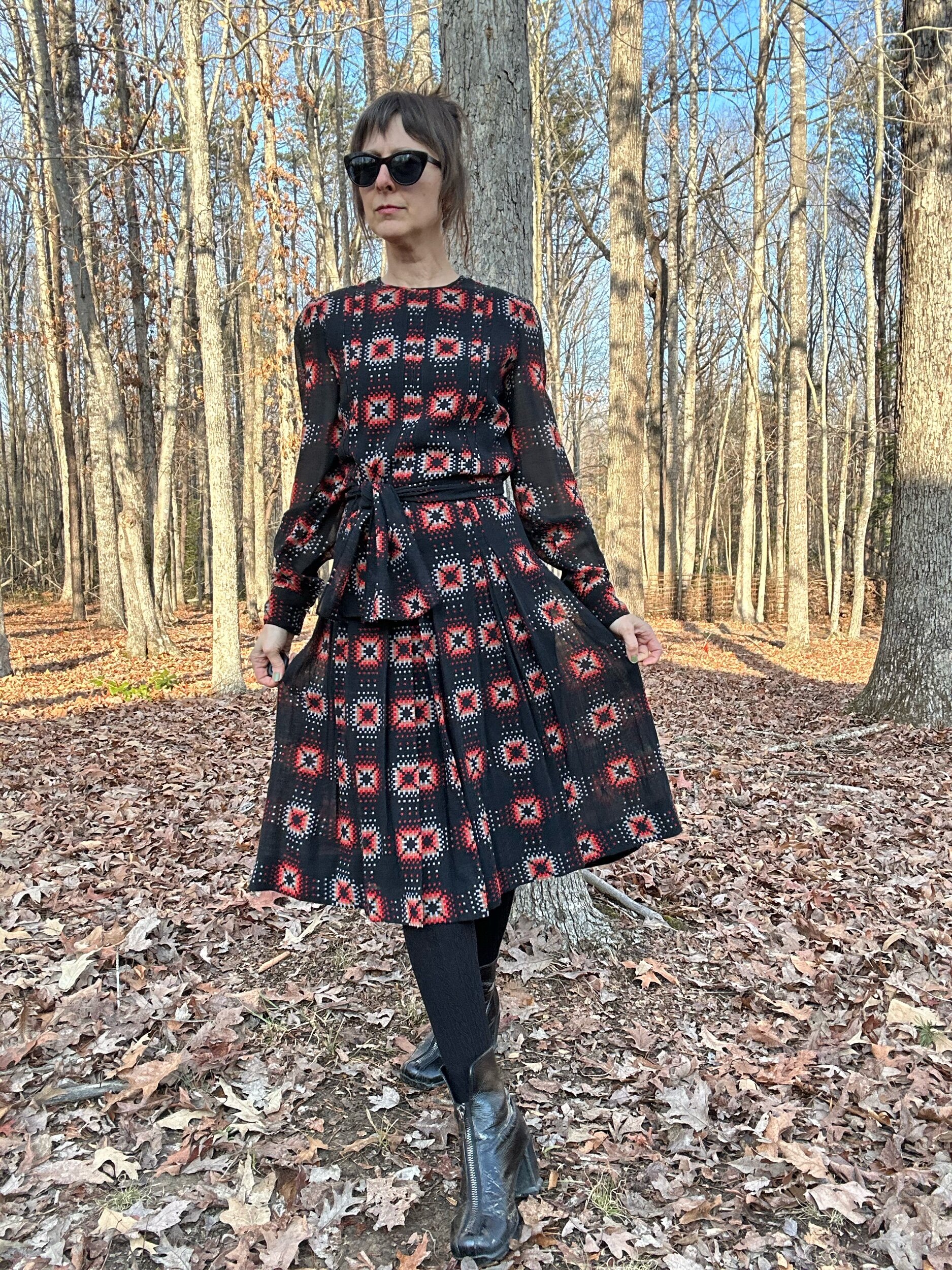 1970s Andre Laug Printed Wool Voile Dress