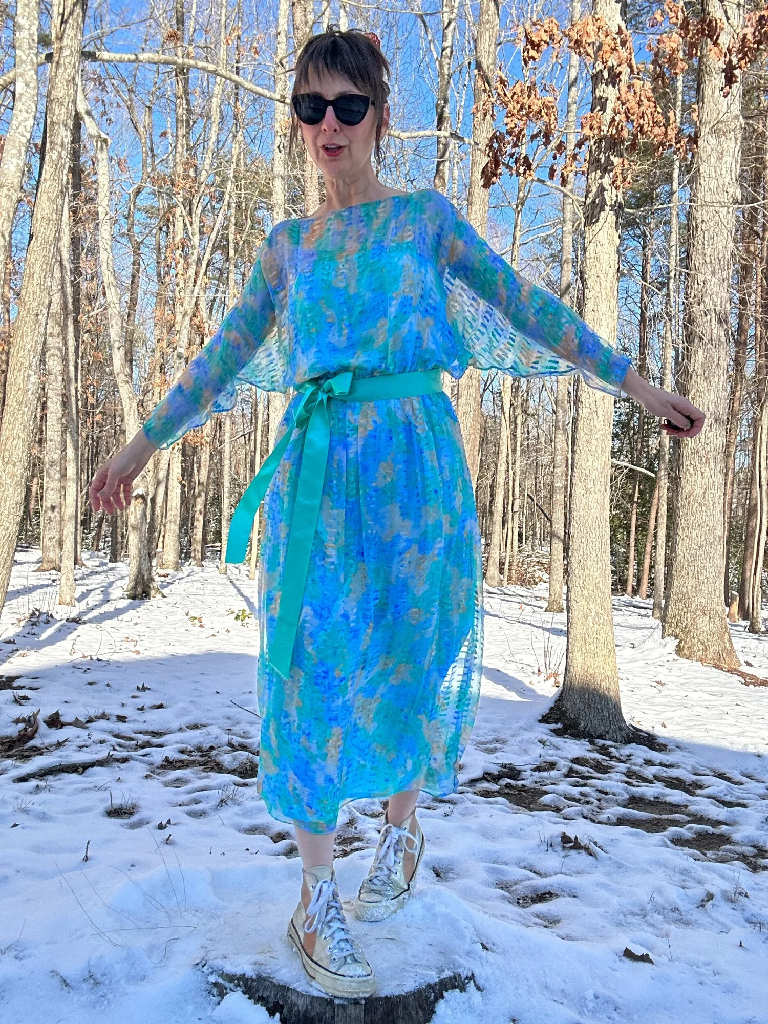 Late 1970s Gentilesse Blue Silk Chiffon Floral Dress — Noble - Main Image