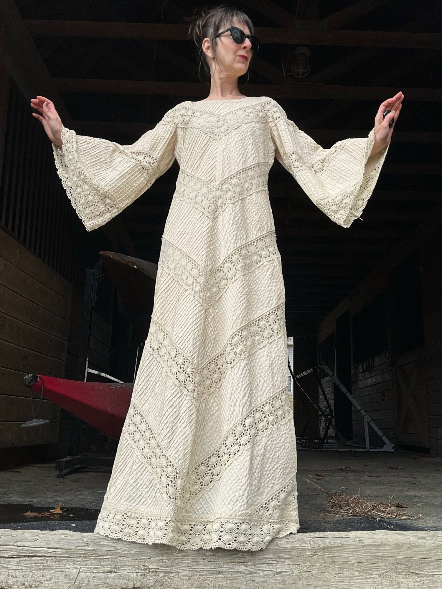 white christmas dresses 1970s Vintage Mexican Wedding Dress with Bell Sleeves and Lace main image 0