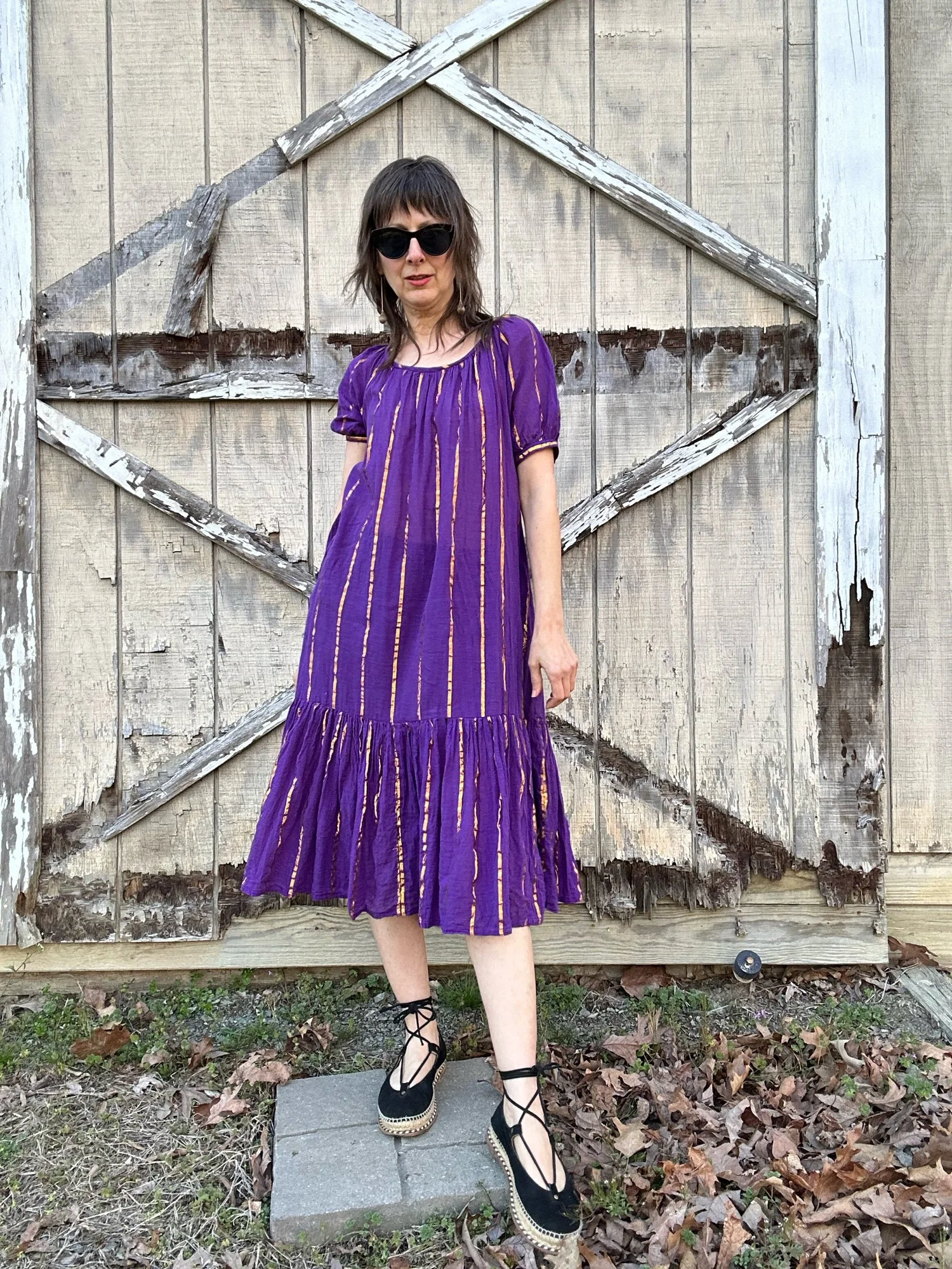 1980s Purple and Metallic Gold Cotton Gauze Dress Noble Vintage Clothier 1980s Purple and Metallic Gold Cotton Gauze Dress Noble Vintage Clothier