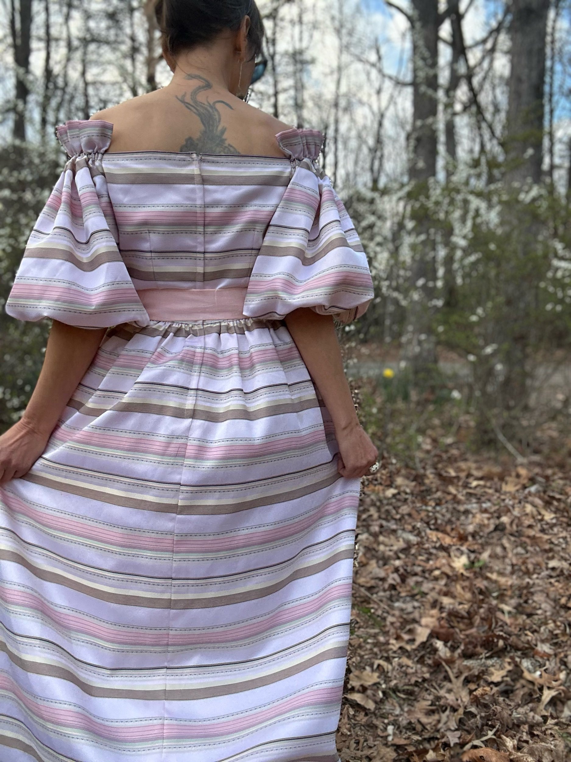 1980s Victor Costa Brocade Striped Satin Off Shoulder Gown