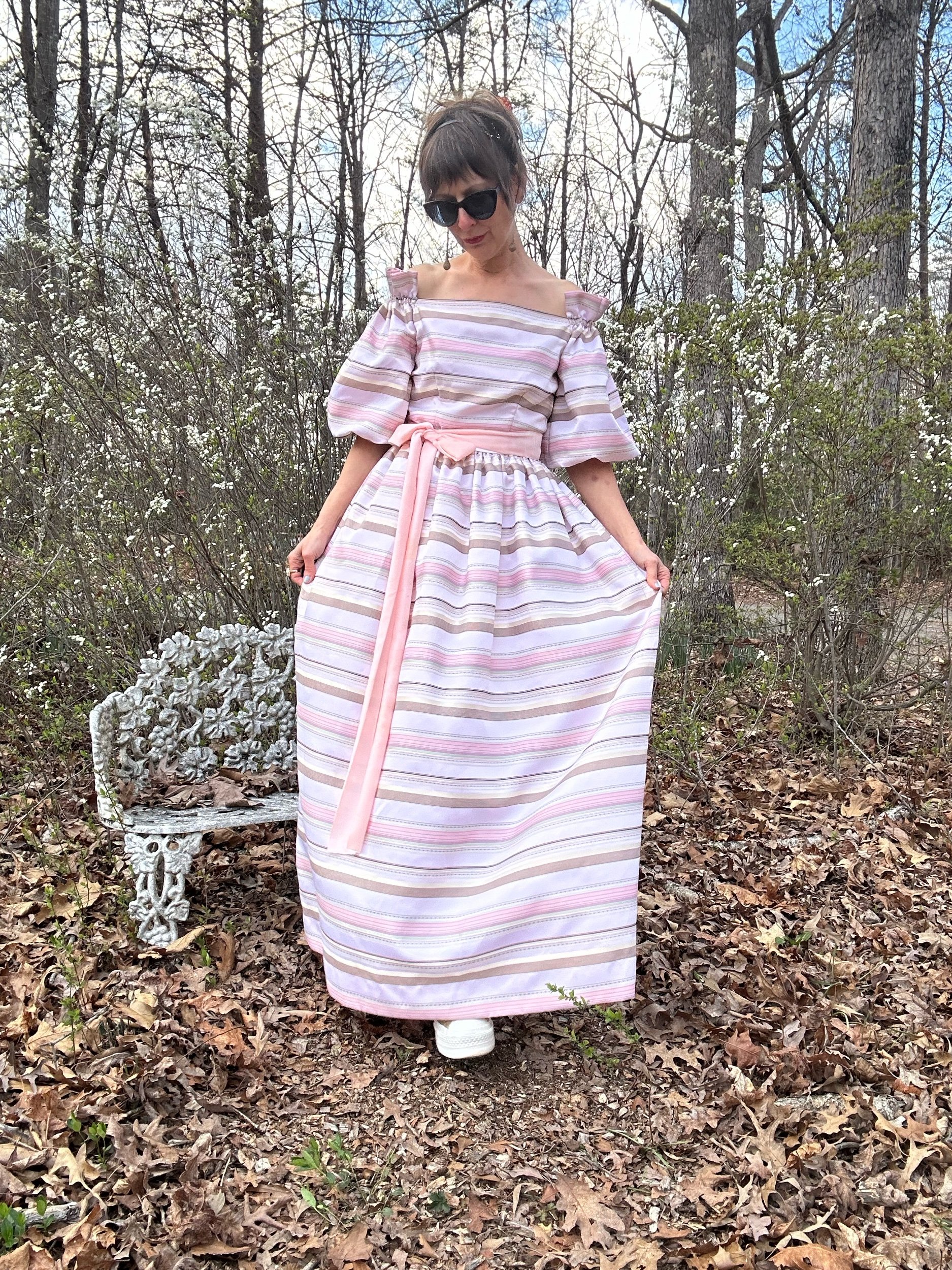1980s Victor Costa Brocade Striped Satin Off Shoulder Gown
