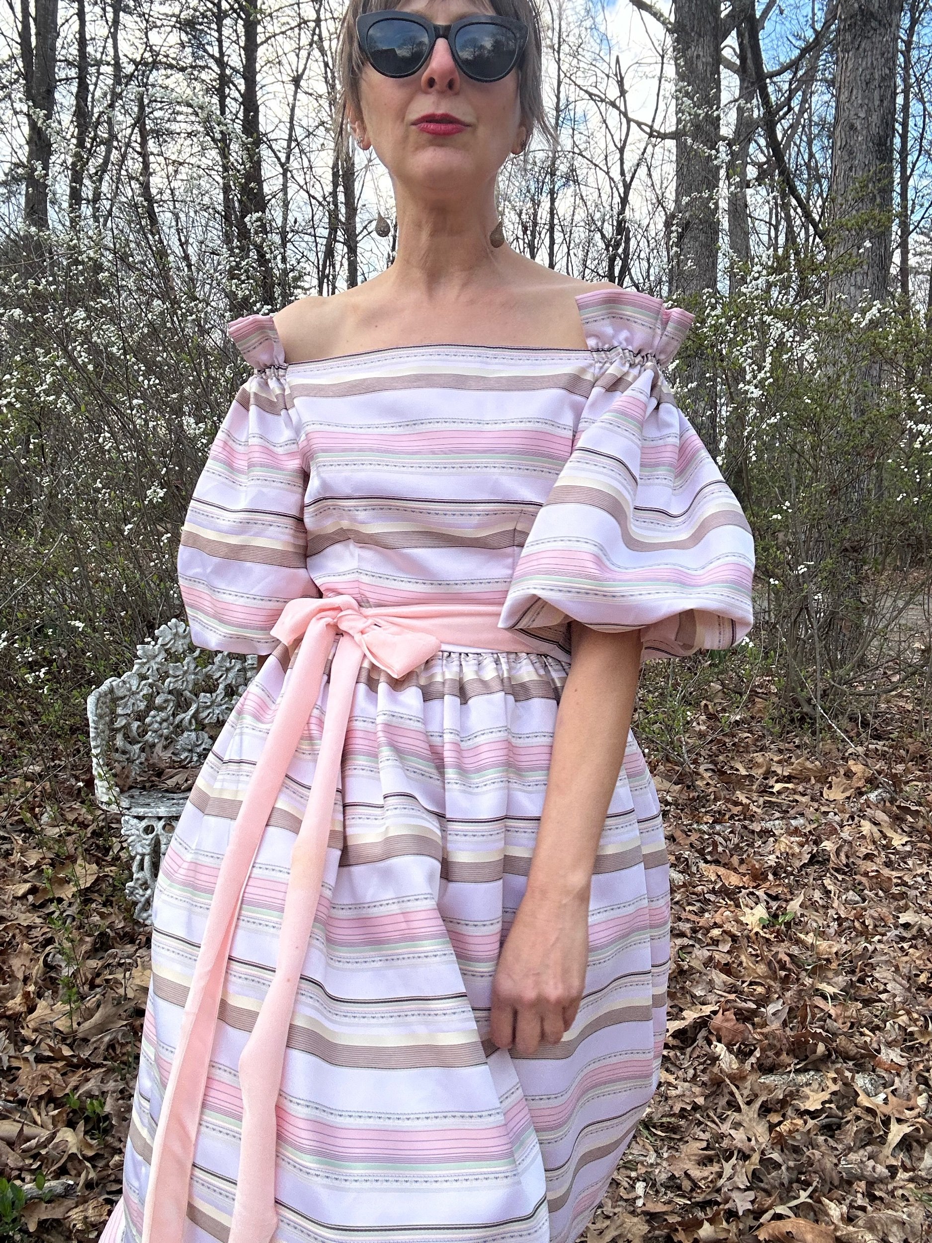 1980s Victor Costa Brocade Striped Satin Off Shoulder Gown