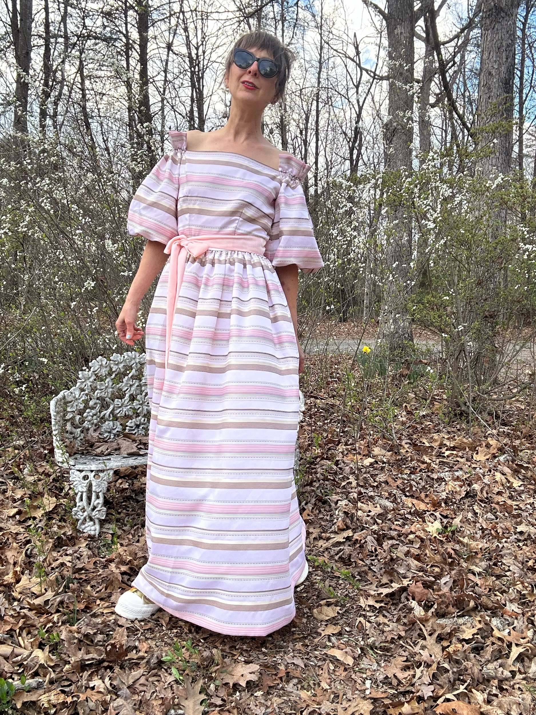 1980s Victor Costa Brocade Striped Satin Off Shoulder Gown