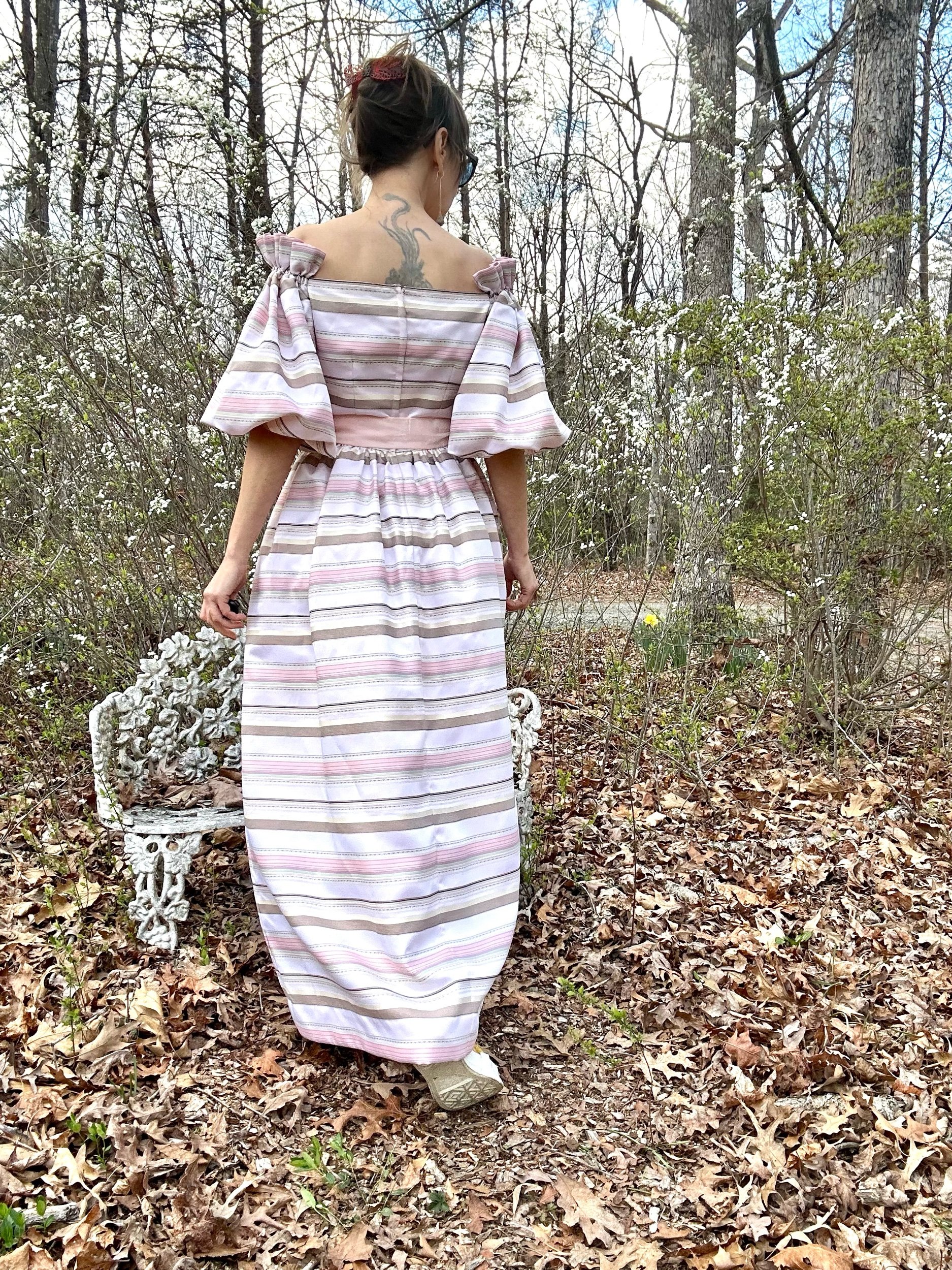 1980s Victor Costa Brocade Striped Satin Off Shoulder Gown