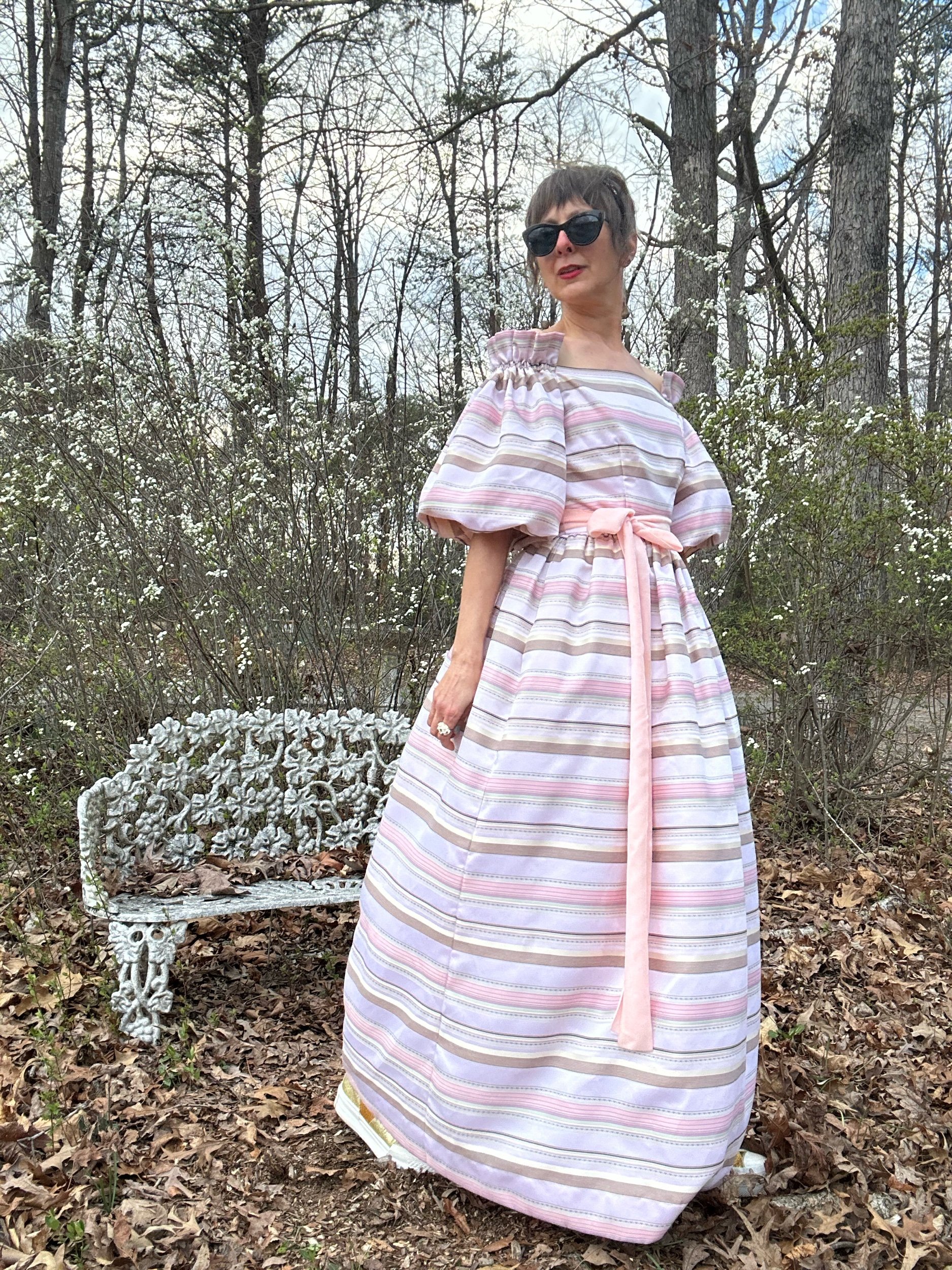 1980s Victor Costa Brocade Striped Satin Off Shoulder Gown