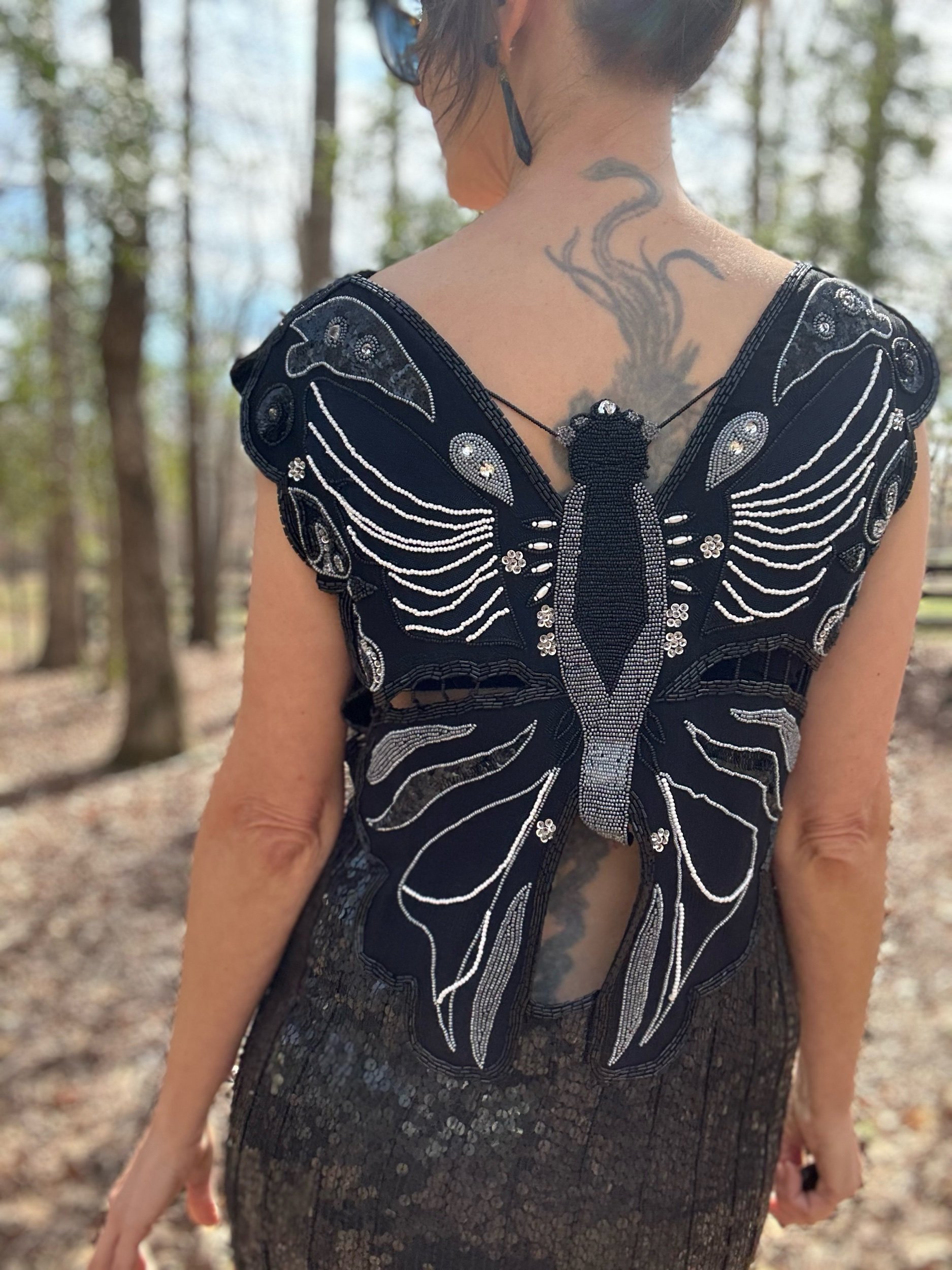 1980s Couture Tehmina Beaded Butterfly Sequin Dress