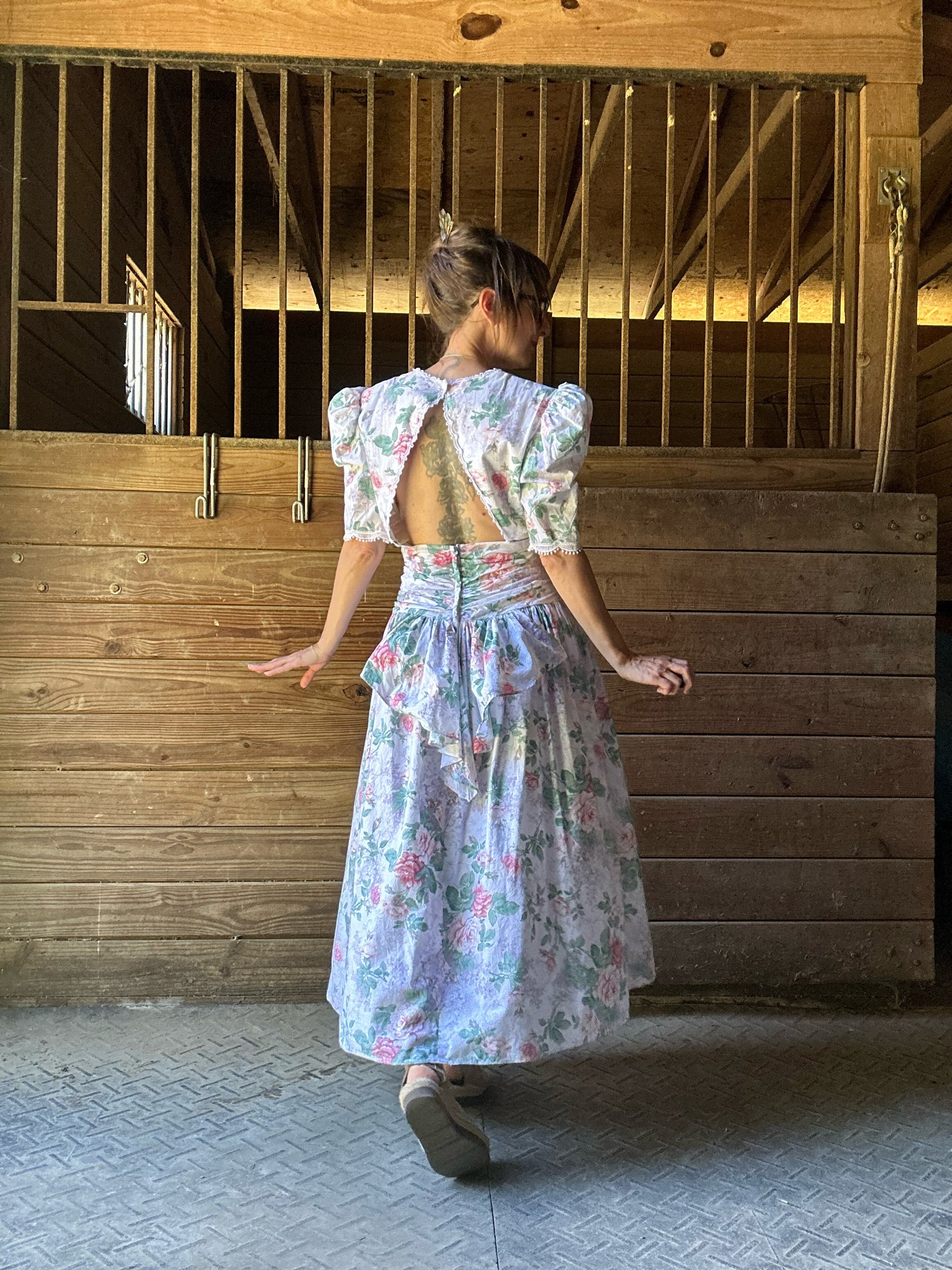 Early 1990s Jessica McClintock Bridal Rose Print Cotton Dress