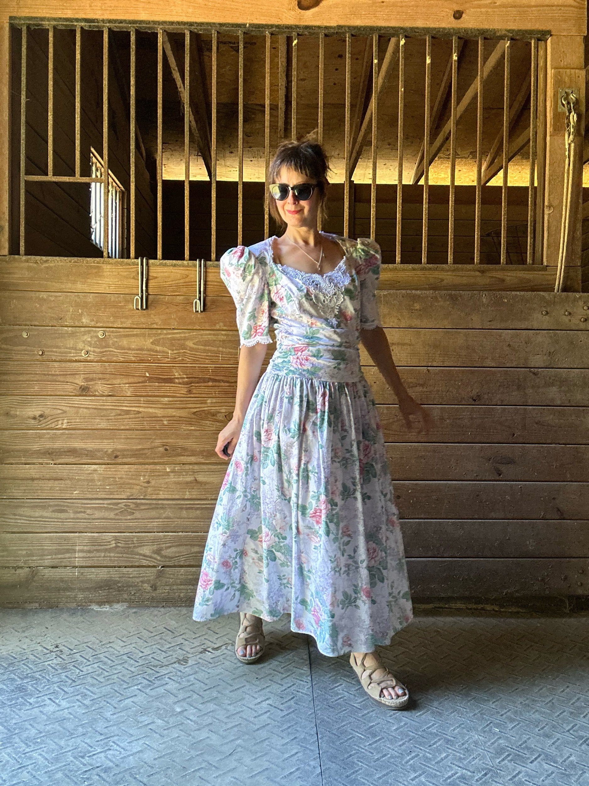 Early 1990s Jessica McClintock Bridal Rose Print Cotton Dress