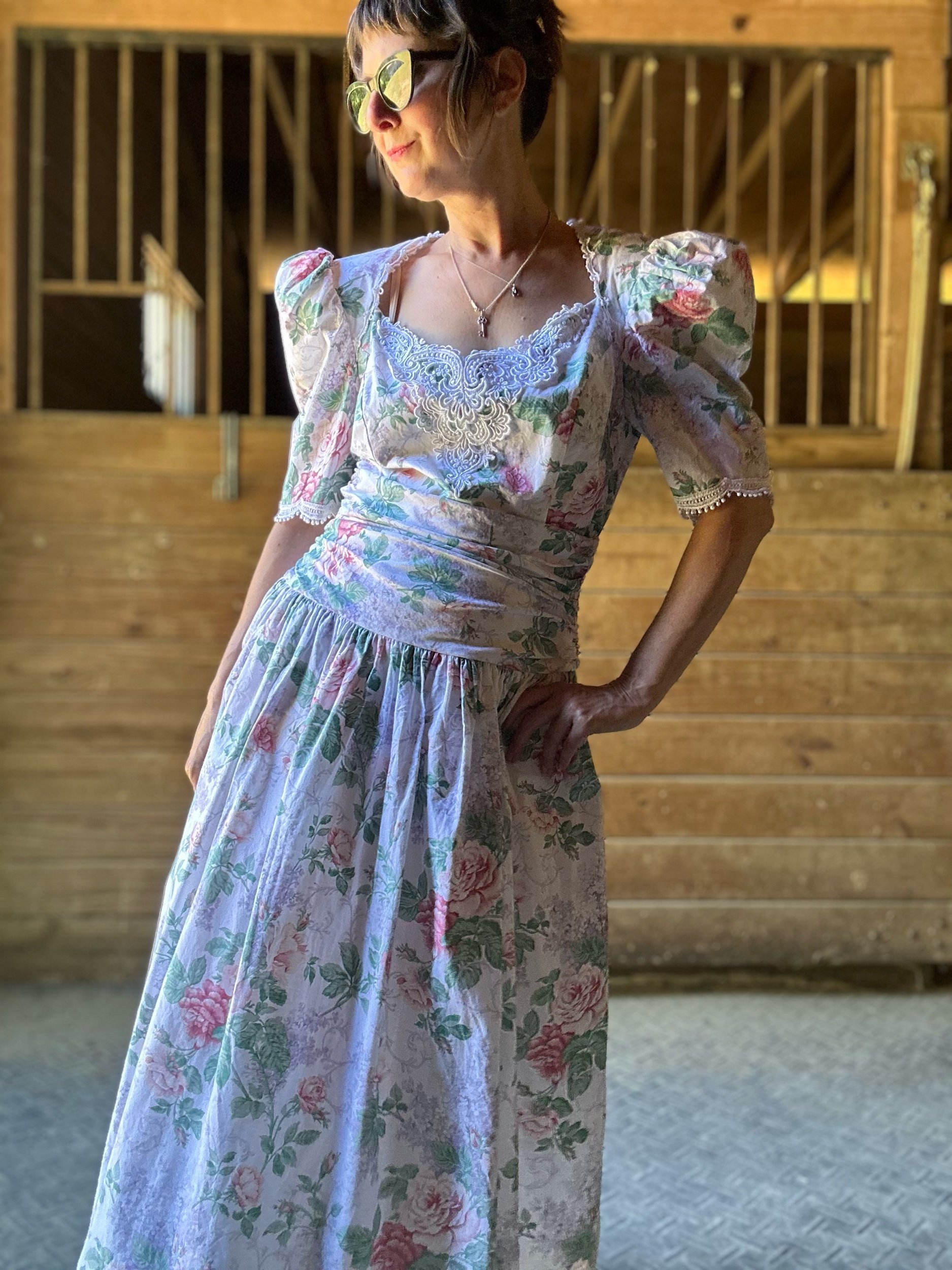 Early 1990s Jessica McClintock Bridal Rose Print Cotton Dress