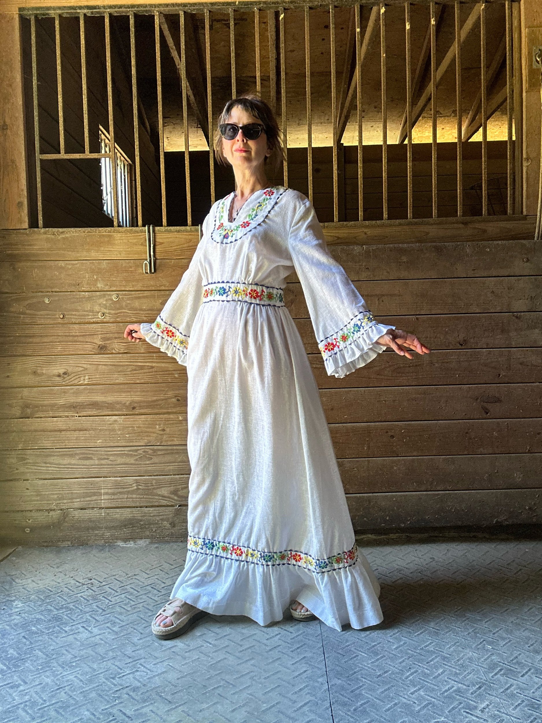 1970s Embroidered Cotton Guaze Angel Sleeve Maxi