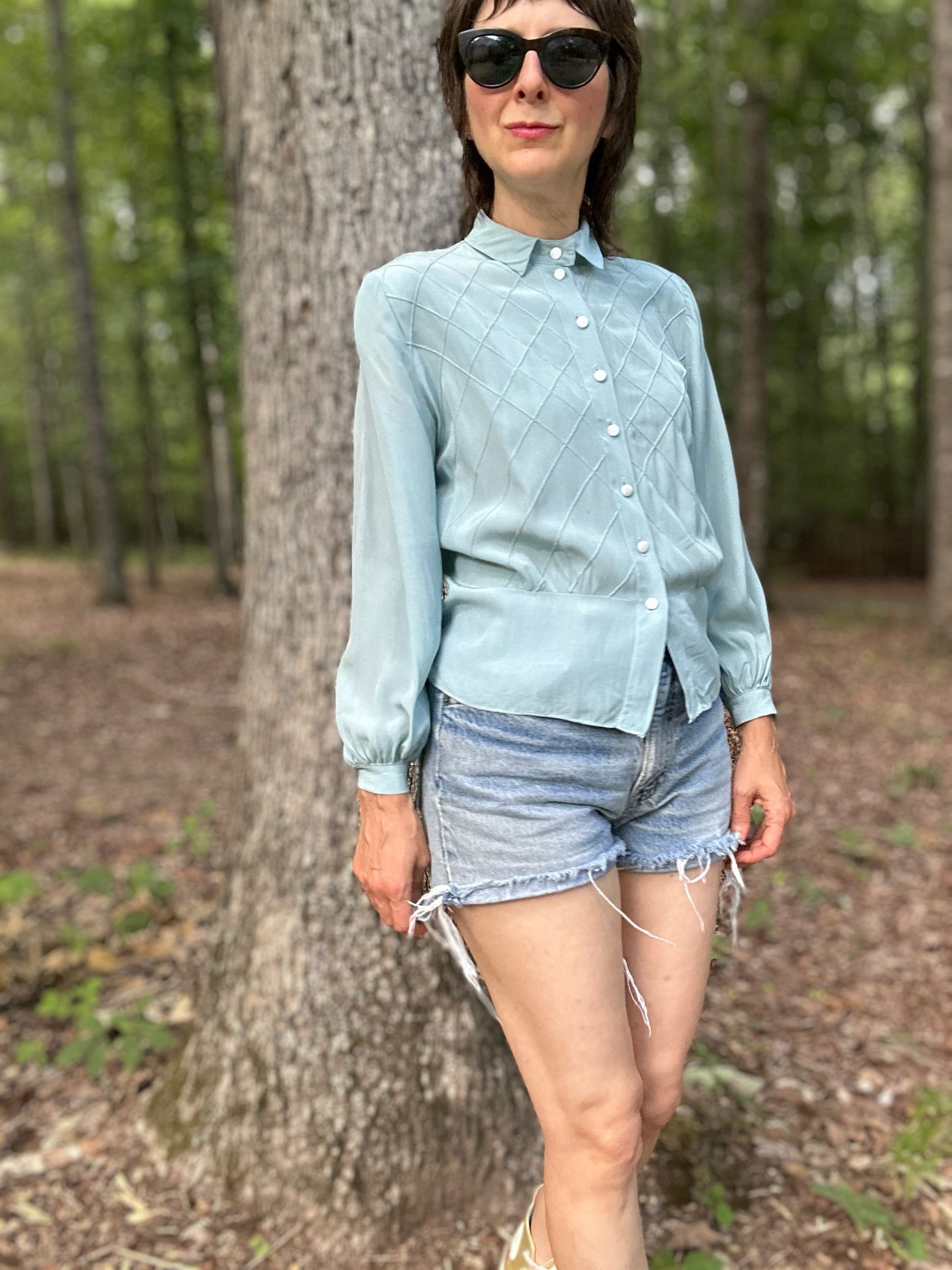 1940s Judy Bond Blue Pintuck Rayon Blouse