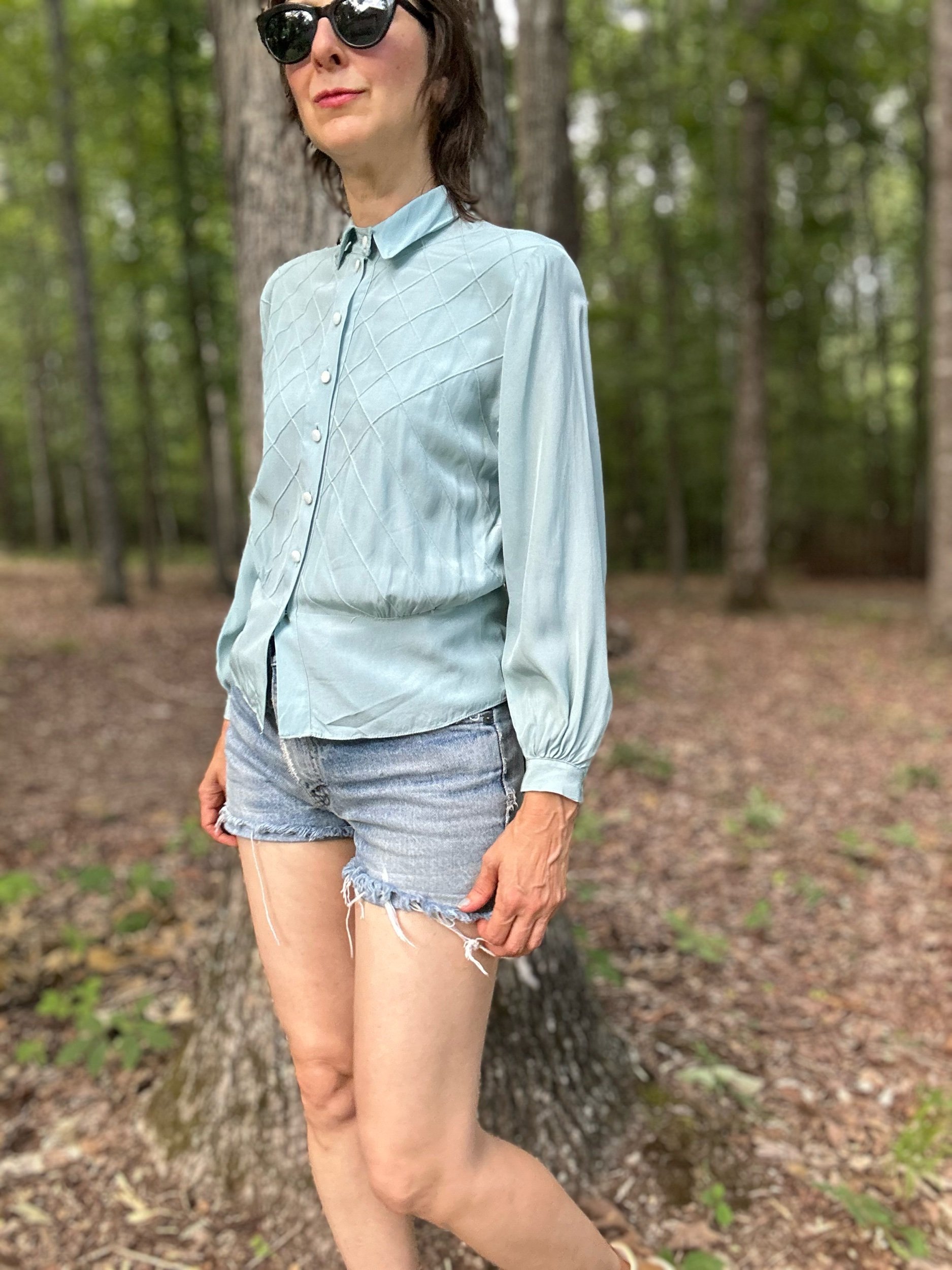1940s Judy Bond Blue Pintuck Rayon Blouse