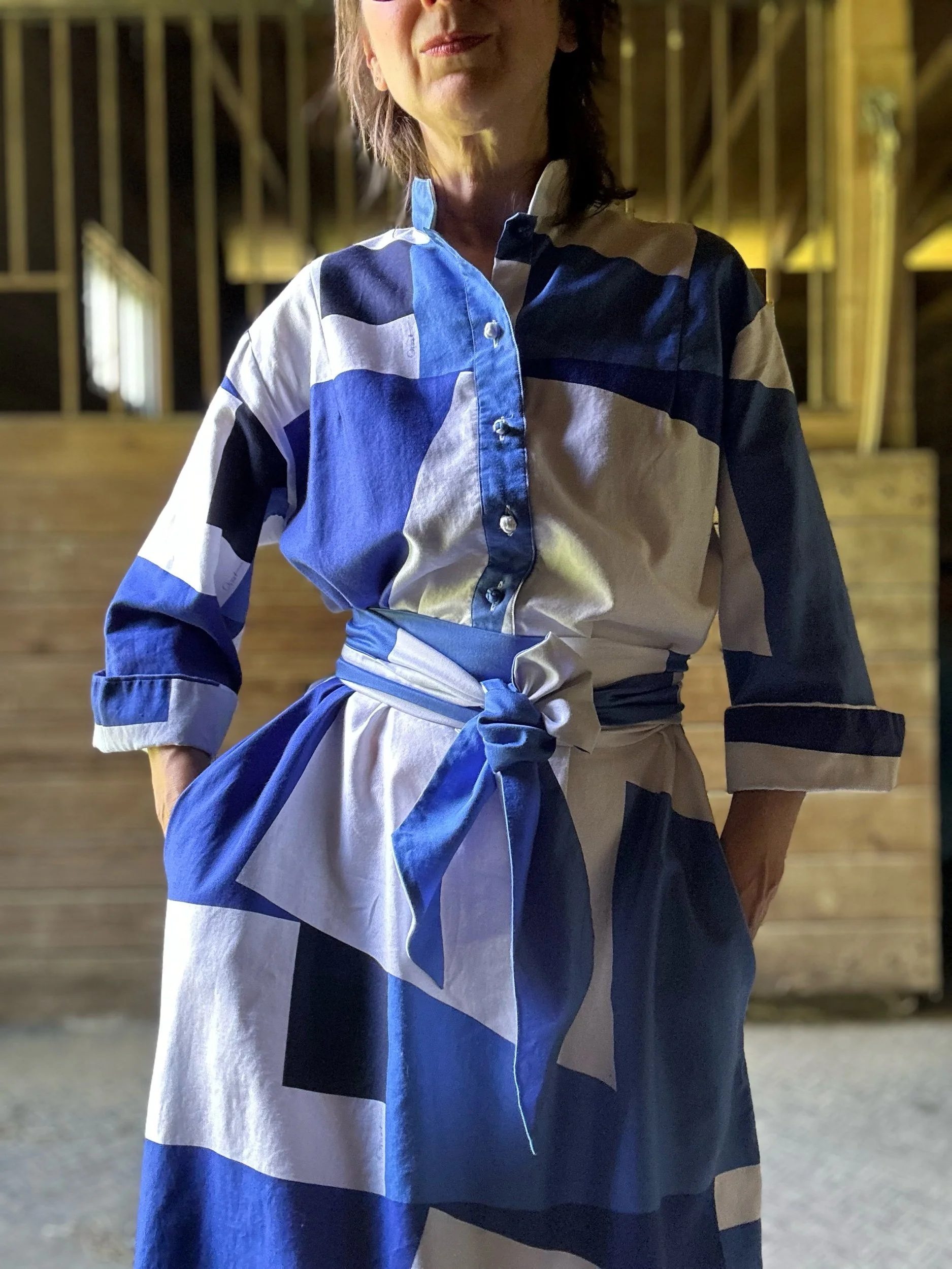 1980s Catherine Ogust Forever Dress Blue Abstract Cubist Print