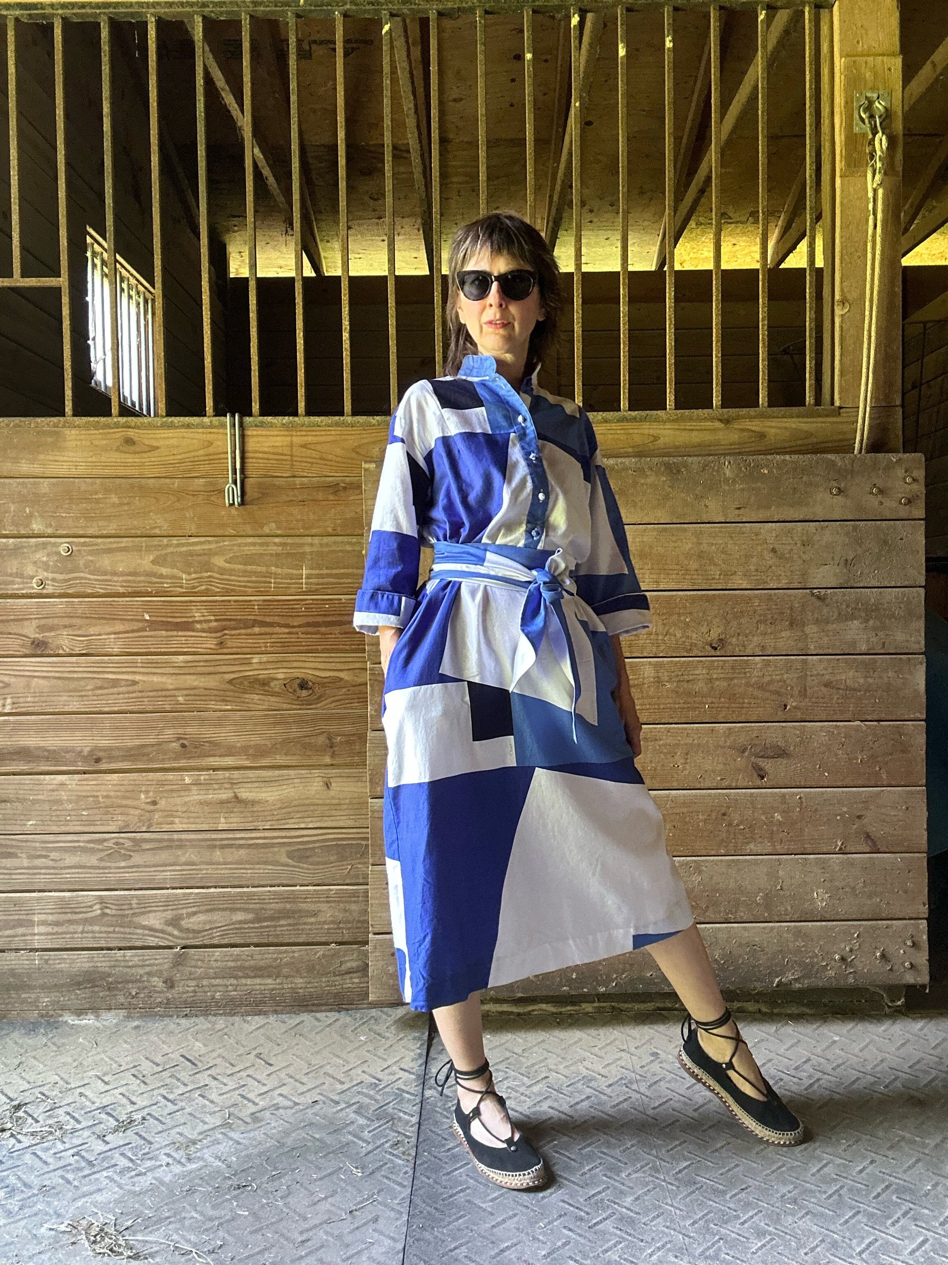 1980s Catherine Ogust Forever Dress Blue Abstract Cubist Print