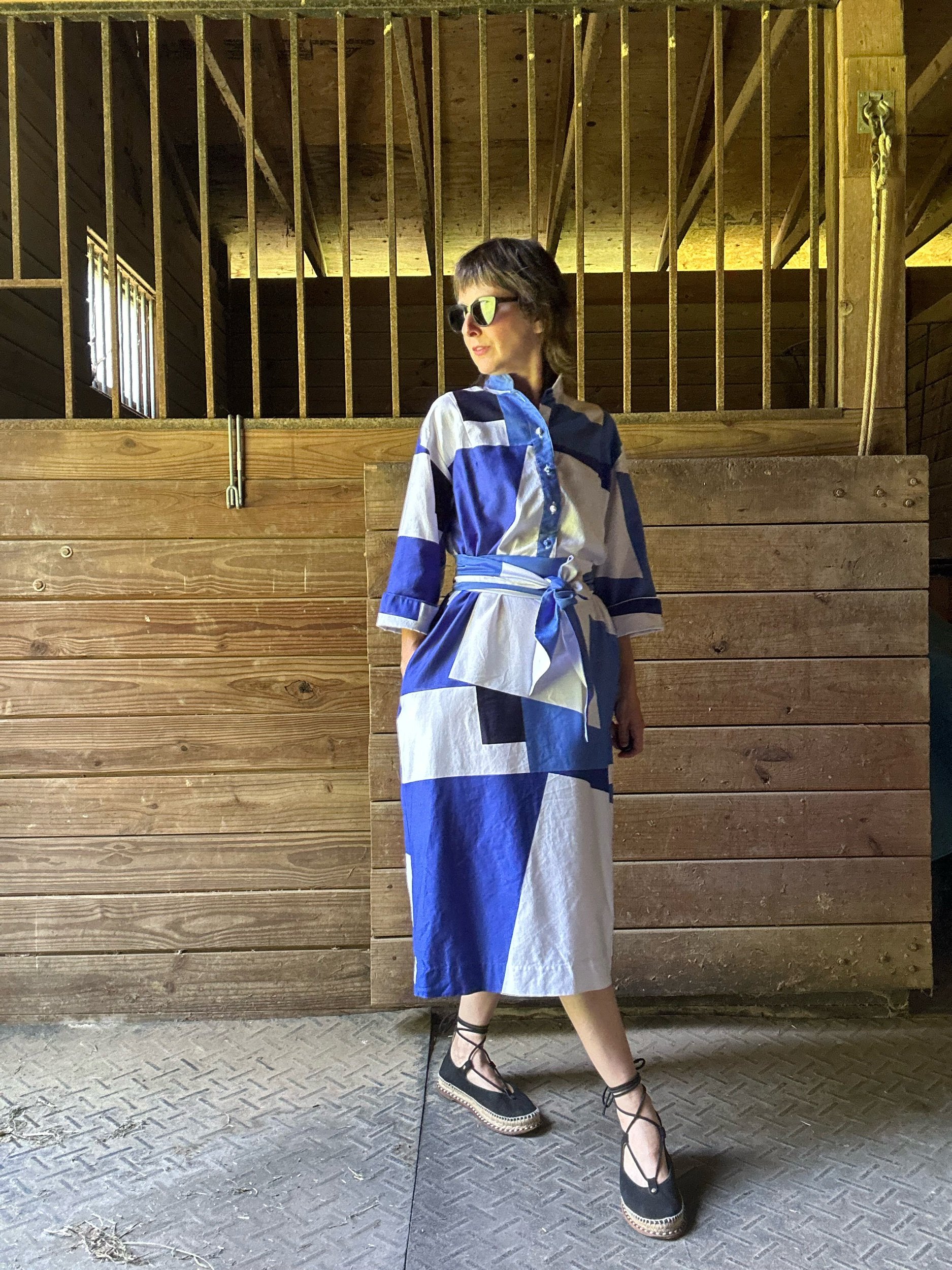 1980s Catherine Ogust Forever Dress Blue Abstract Cubist Print