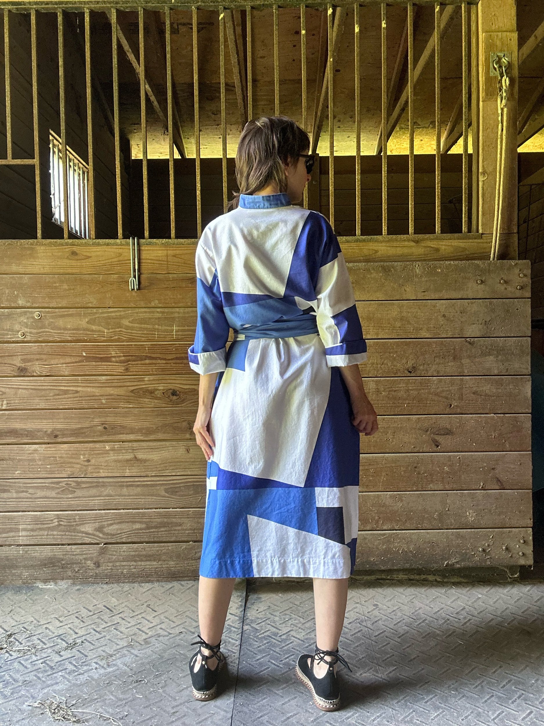 1980s Catherine Ogust Forever Dress Blue Abstract Cubist Print