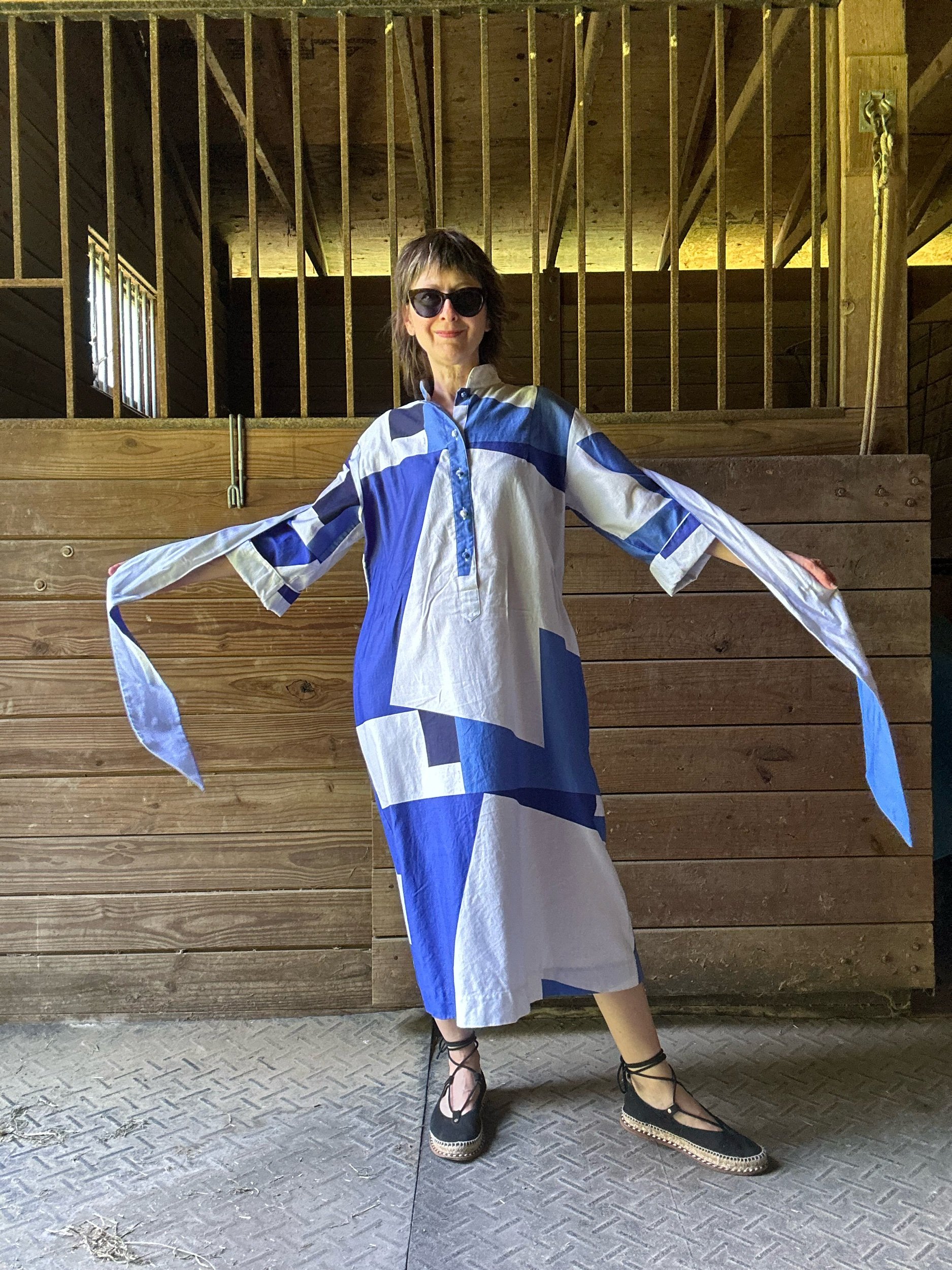 1980s Catherine Ogust Forever Dress Blue Abstract Cubist Print