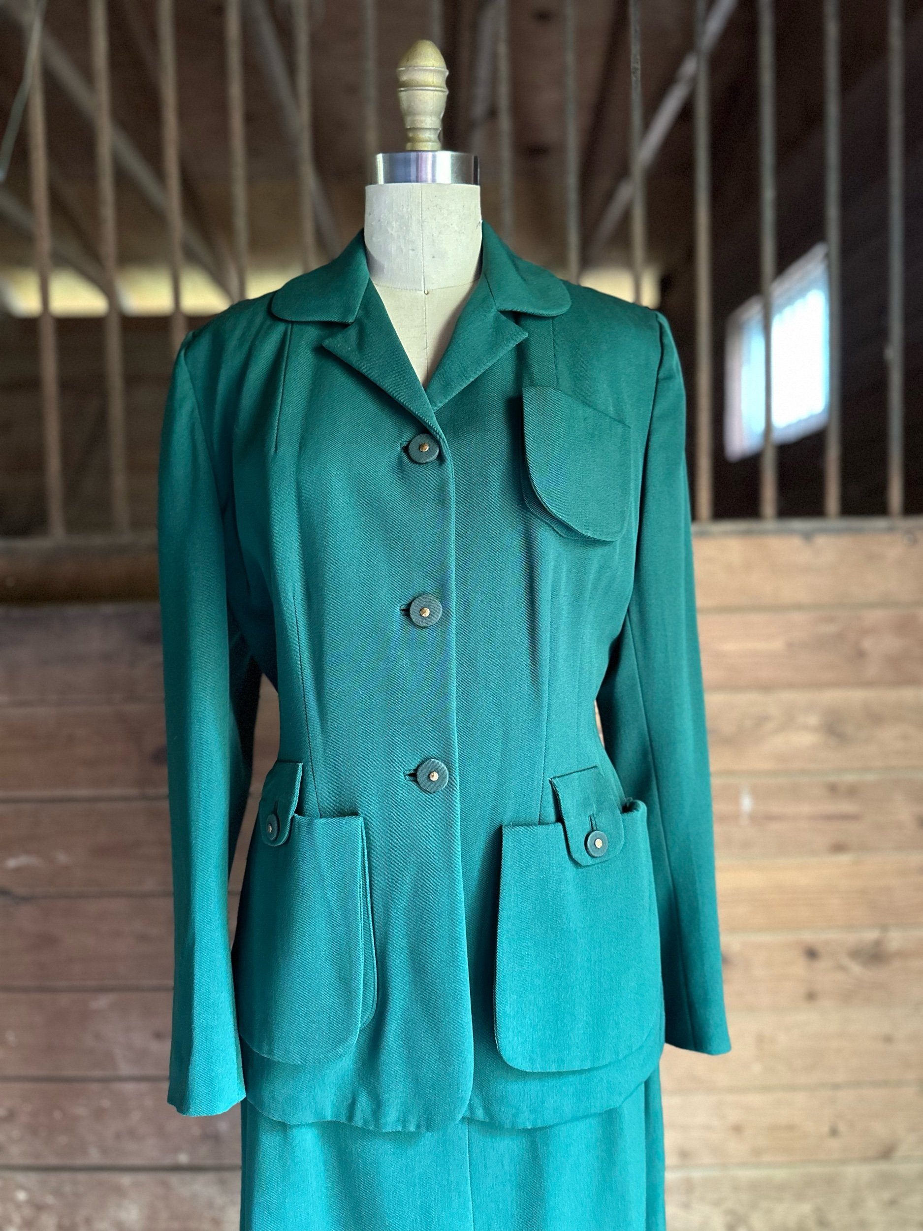 1940s Green Wool Gabardine Skirt Suit Audrey Jane