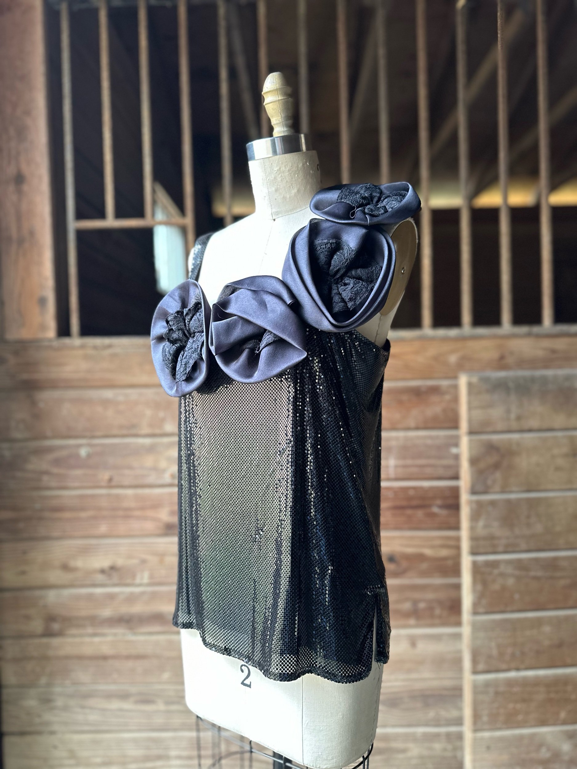 1980s Whiting and Davis Black Mesh and Rosette Top